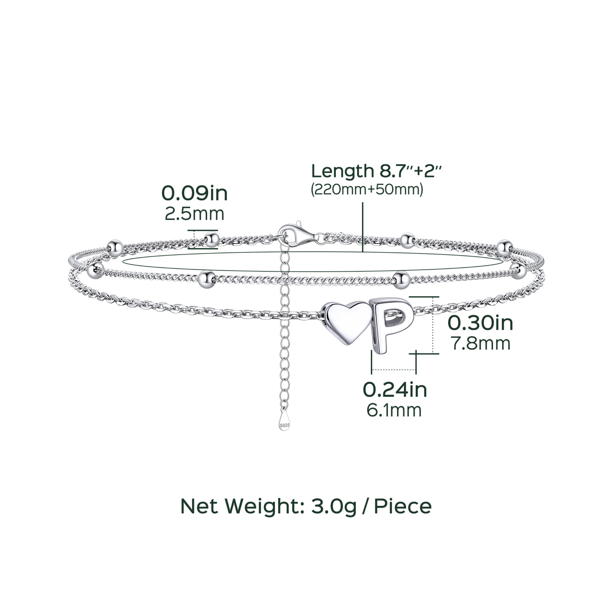 Heart Anklet With Letter  Details: Dimensions, Hypoallergenic, Lobster-Claw-Clasps