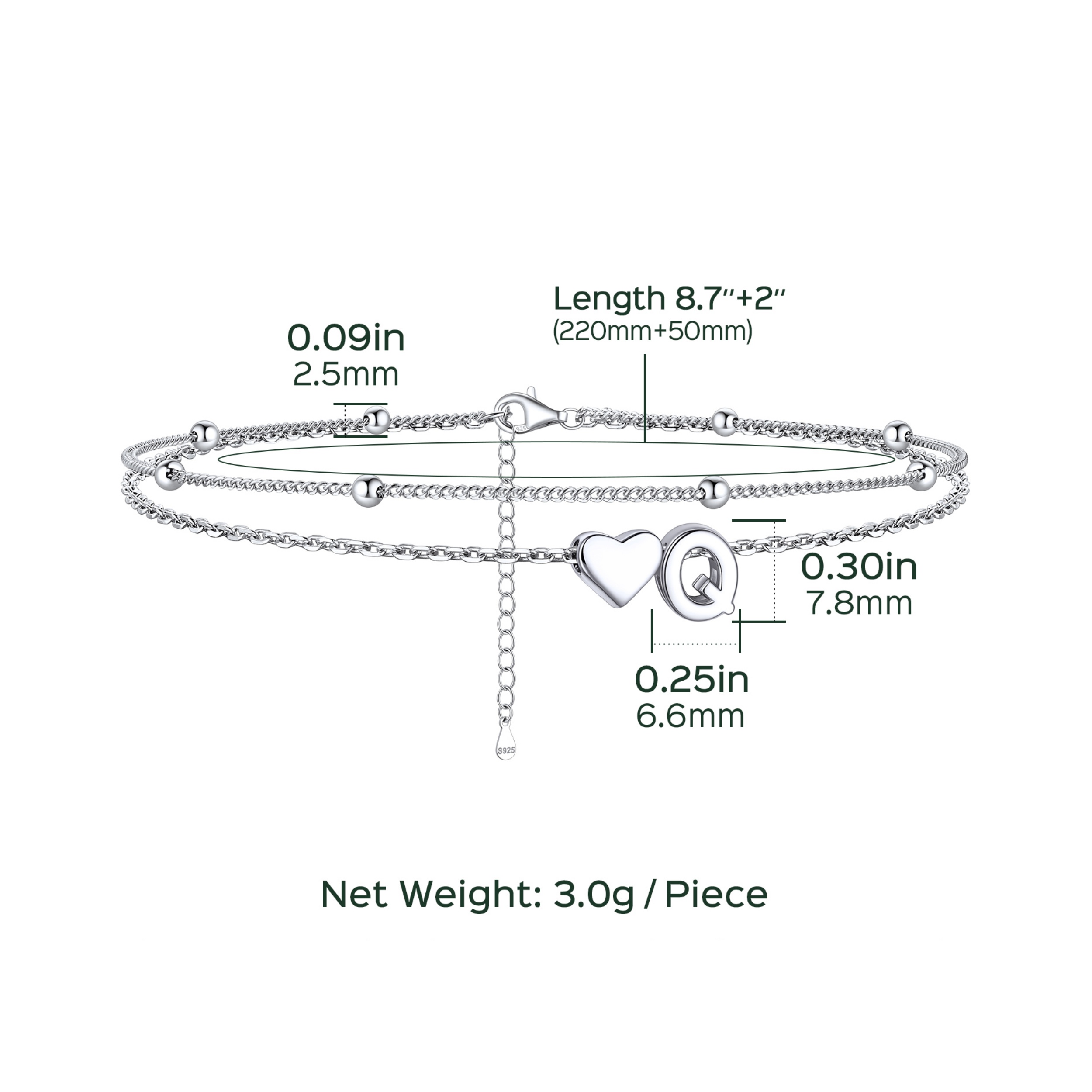 Heart Anklet With Letter  Details: Dimensions, Hypoallergenic, Lobster-Claw-Clasps