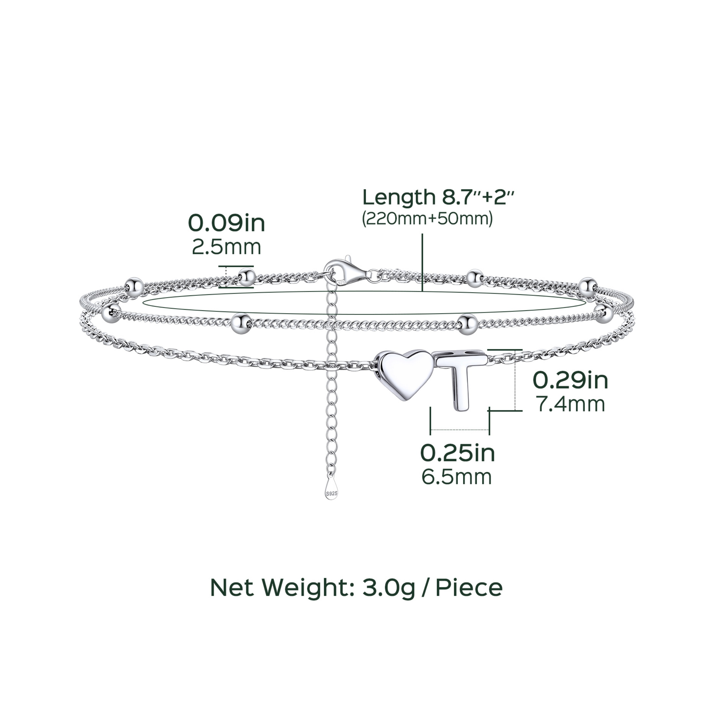 Heart Anklet With Letter  Details: Dimensions, Hypoallergenic, Lobster-Claw-Clasps