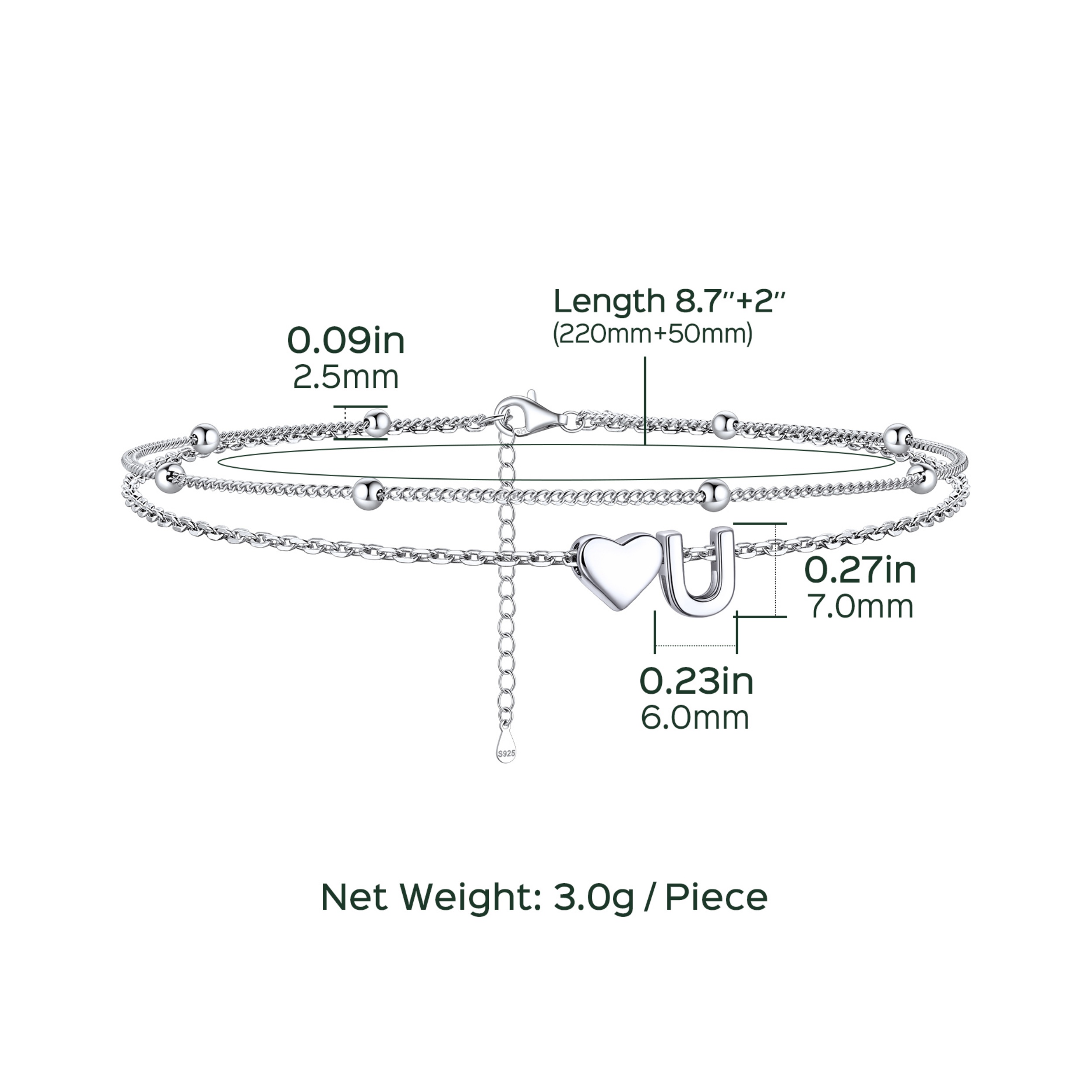 Heart Anklet With Letter  Details: Dimensions, Hypoallergenic, Lobster-Claw-Clasps