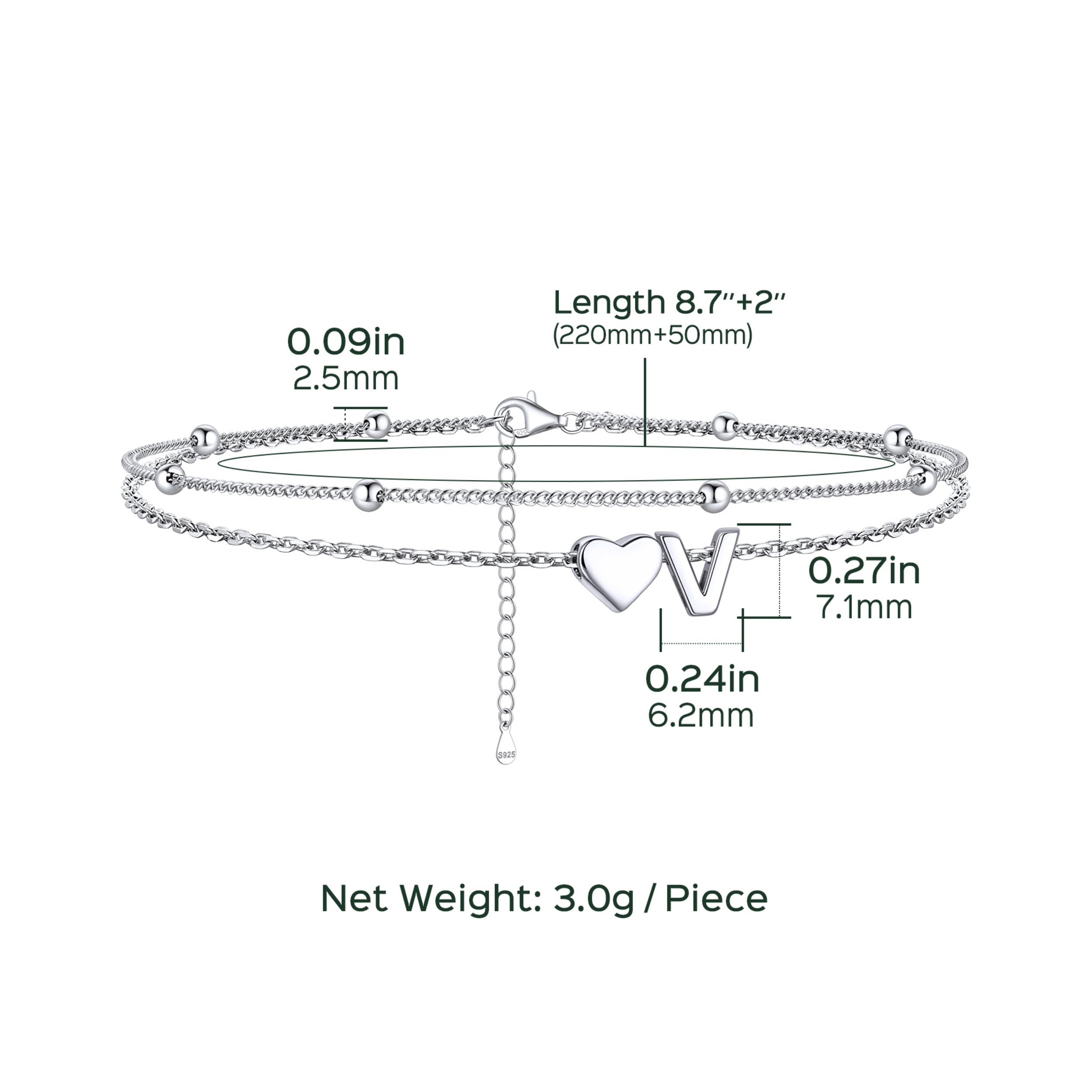 Heart Anklet With Letter  Details: Dimensions, Hypoallergenic, Lobster-Claw-Clasps