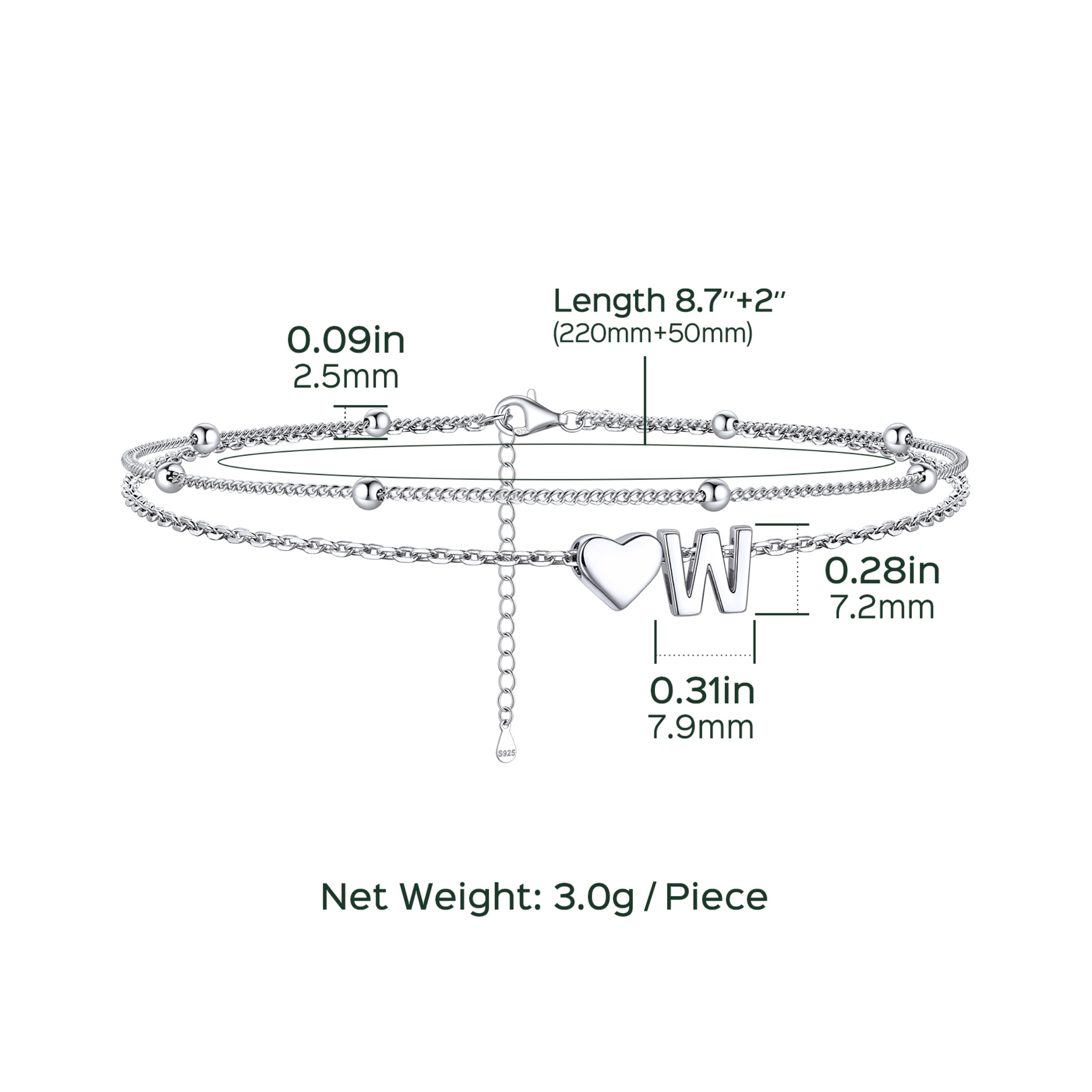 Heart Anklet With Letter  Details: Dimensions, Hypoallergenic, Lobster-Claw-Clasps