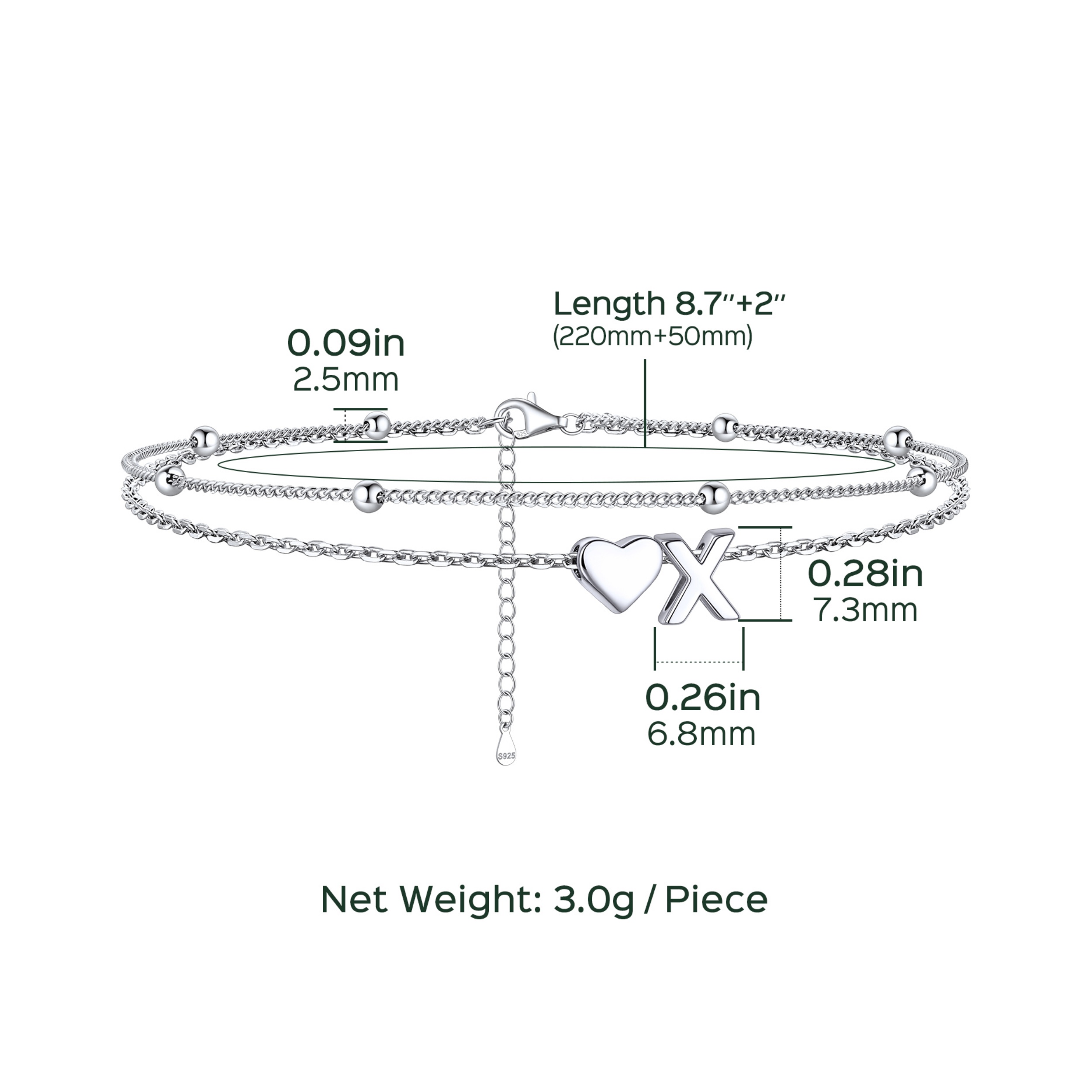 Heart Anklet With Letter  Details: Dimensions, Hypoallergenic, Lobster-Claw-Clasps