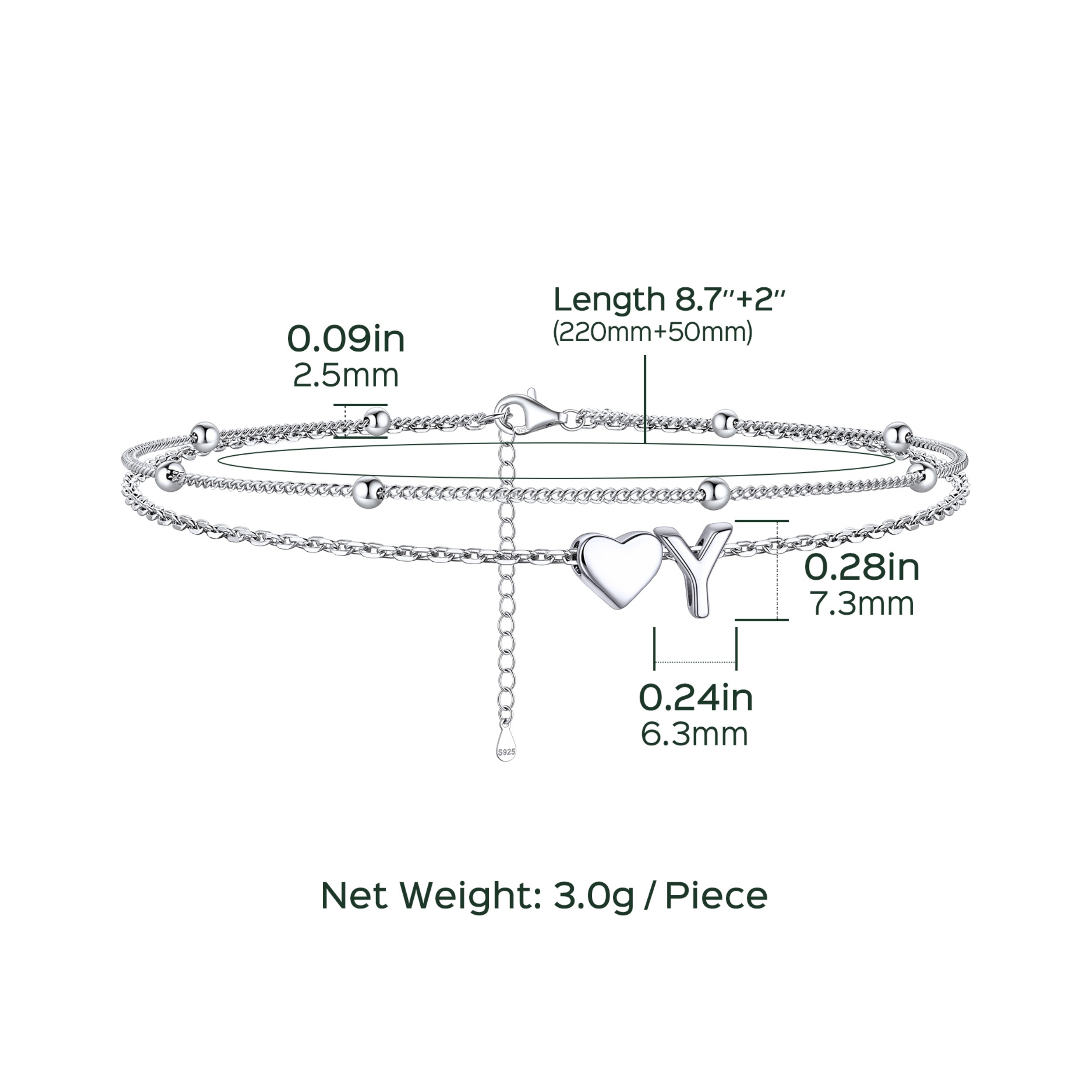 Heart Anklet With Letter  Details: Dimensions, Hypoallergenic, Lobster-Claw-Clasps