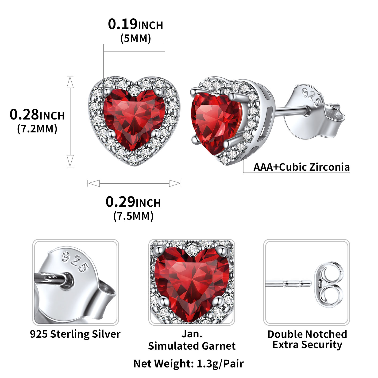 Heart Cut Birthstone with Cubic Zirconia Halo Stud Earrings for women,  jan birthstone, Garnet Earrings, Capricorn Birthstone, Aquarius Birthstone, sterling silver jewelry, gift idea