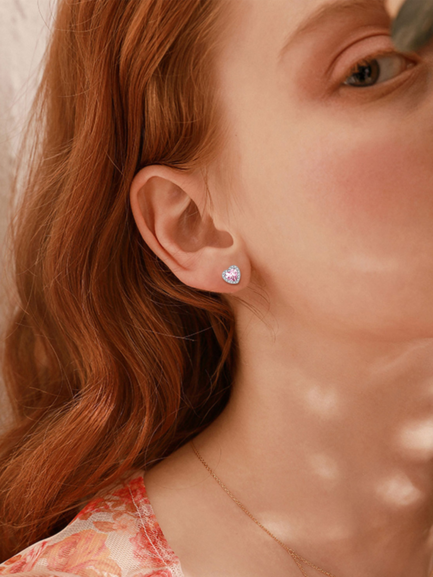 Heart Cut Birthstone with Cubic Zirconia Halo Stud Earrings for women, october birthstone, Pink Tourmaline Earring, Libra Birthstone, Scorpio Birthstone, sterling silver earrings, gift idea