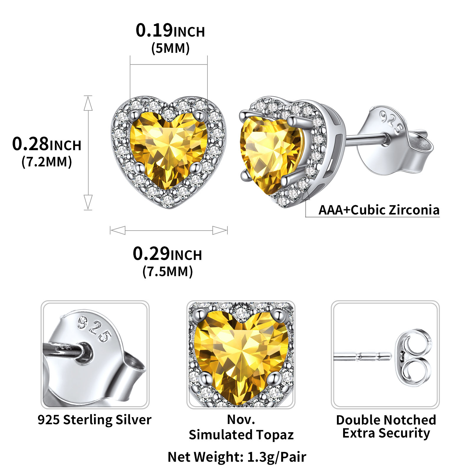 Heart Cut Birthstone with Cubic Zirconia Halo Stud Earrings for women, november birthstone, Citrine Jewelry, Scorpio Birthstone, Sagittarius Birthstone, sterling silver jewlery, memorial gift, gift idea