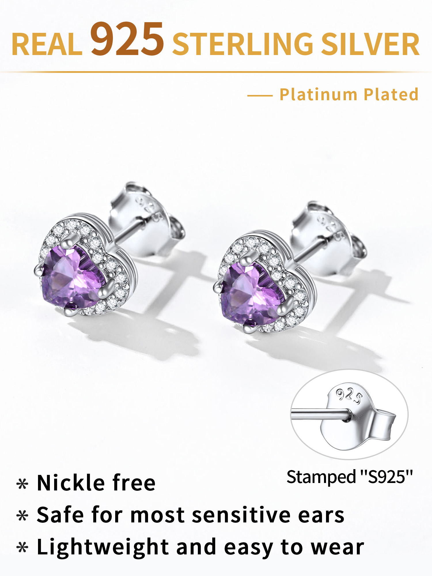 Heart Cut Birthstone with Cubic Zirconia Halo Stud Earrings for women,  February birthstone, Amethyst Jewelry, Pisces Birthstone, Aquarius Birthstone, sterling silver earrings, gift idea