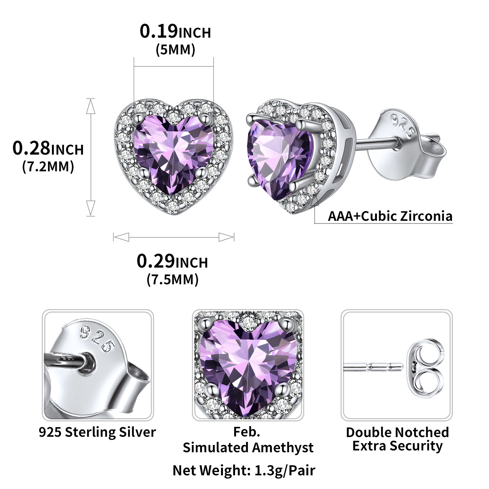 Heart Cut Birthstone with Cubic Zirconia Halo Stud Earrings for women,  February birthstone, Amethyst Jewelry, Pisces Birthstone, Aquarius Birthstone, sterling silver earrings, gift idea