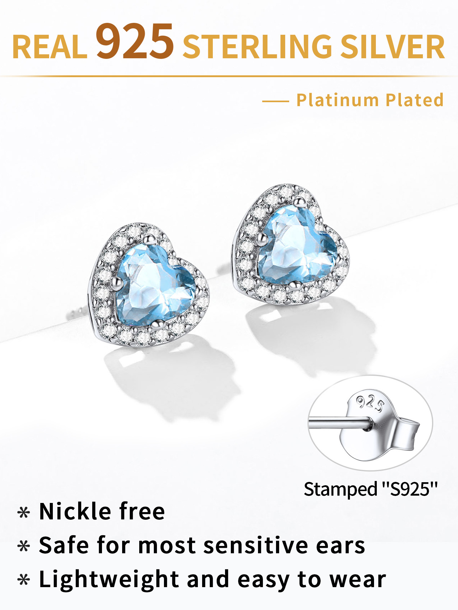 Heart Cut Birthstone with Cubic Zirconia Halo Stud Earrings for women, march birthstone, Aquamarine Pendant, Pisces Birthstone, Aries Birthstone, sterling silver jewelry, gift idea