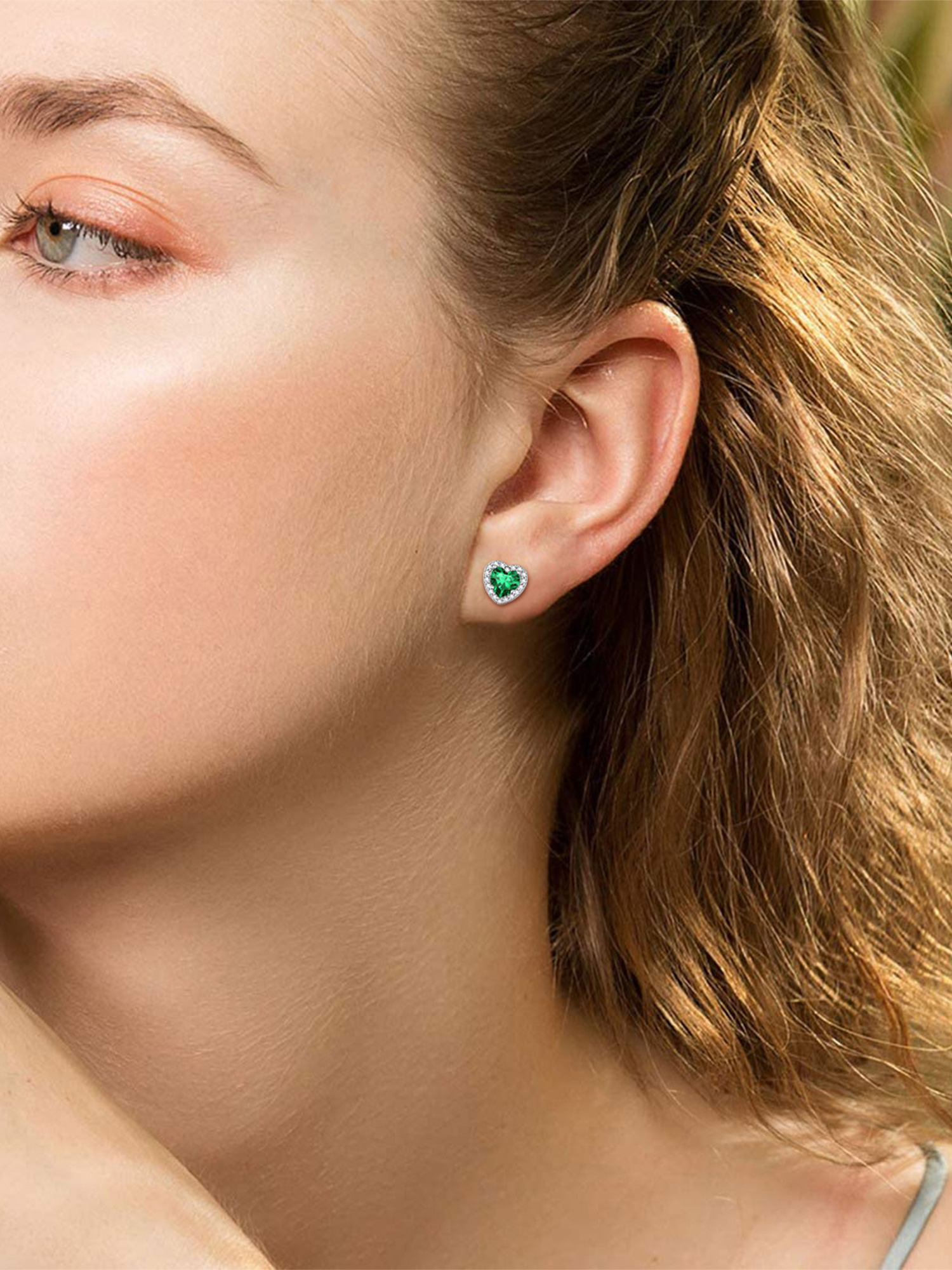 Heart Cut Birthstone with Cubic Zirconia Halo Stud Earrings for women, may birthstone, Emerald Necklace, Taurus Birthstone, Gemini Birthstone, sterling silver earrings, gift idea