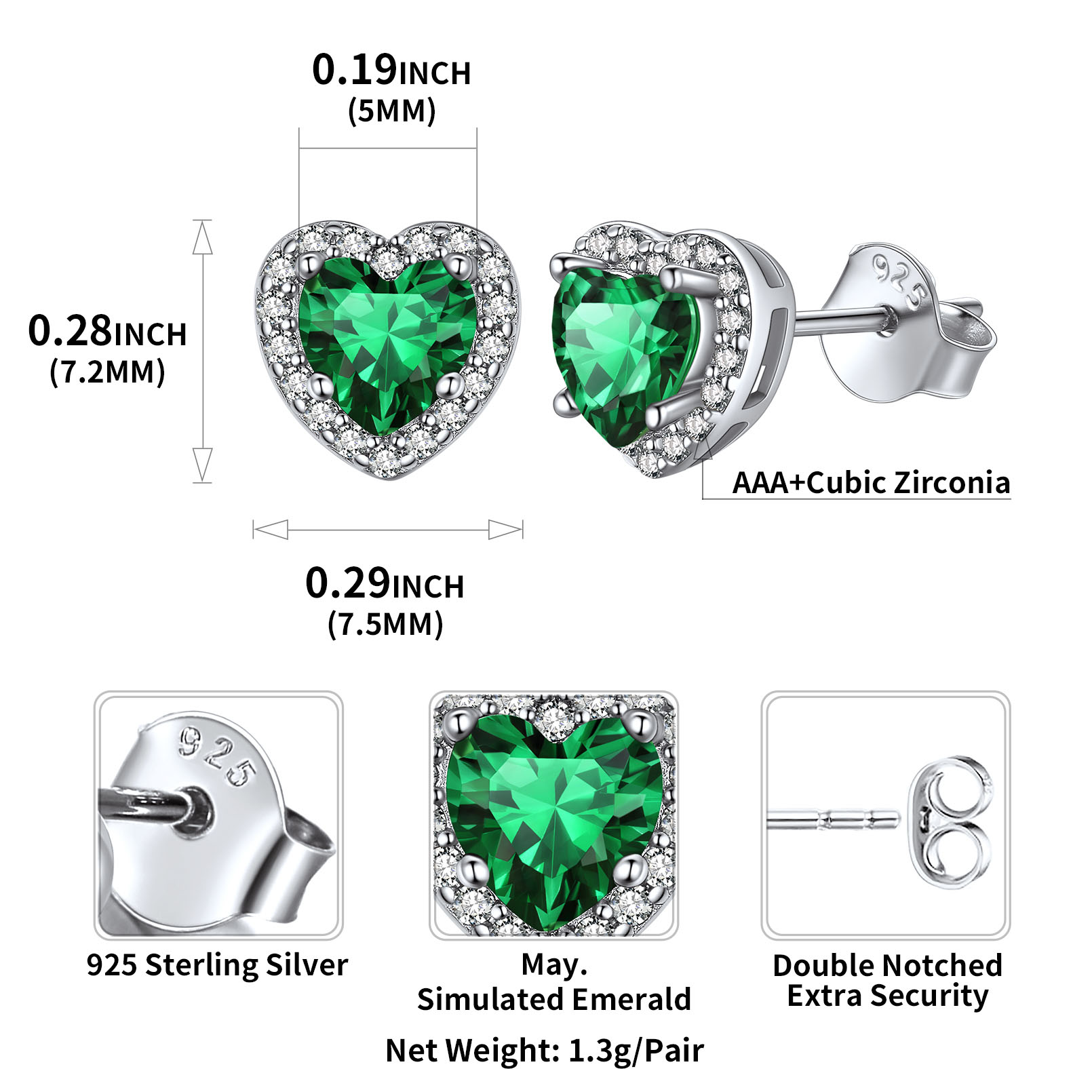 Heart Cut Birthstone with Cubic Zirconia Halo Stud Earrings for women, may birthstone, Emerald Necklace, Taurus Birthstone, Gemini Birthstone, sterling silver earrings, gift idea