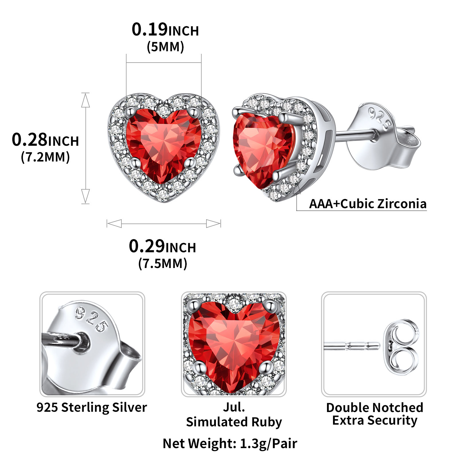 Heart Cut Birthstone with Cubic Zirconia Halo Stud Earrings for women, july birthstone, Ruby Pendant, Cancer Birthstone, Leo Birthstone, sterling silver jewelry, gift idea