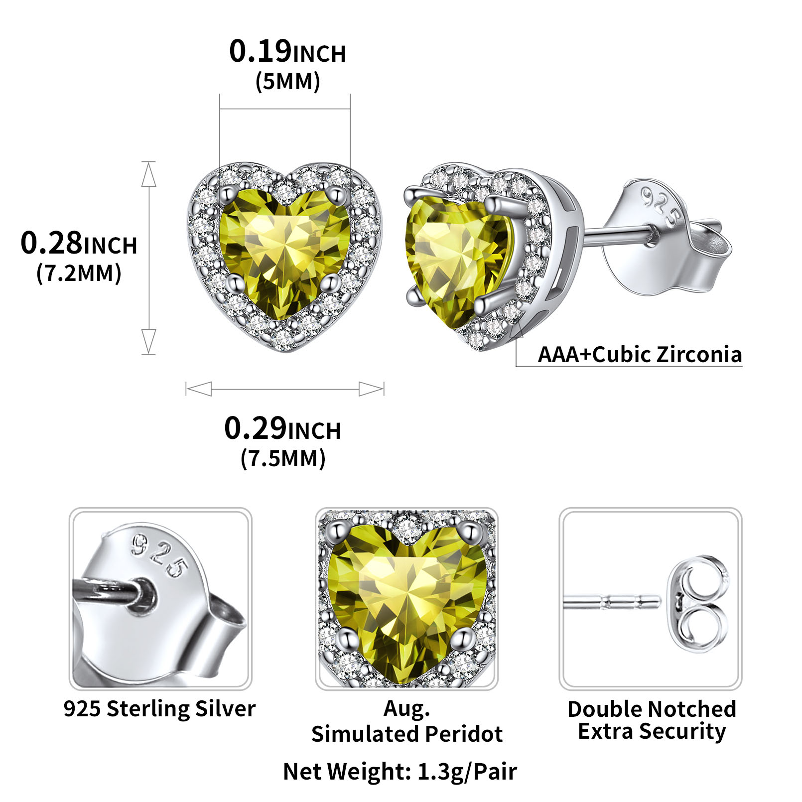 Heart Cut Birthstone with Cubic Zirconia Halo Stud Earrings for women, august birthstone, Peridot Earrings, Leo Birthstone, Virgo Birthstone, sterling silver jewlery, gift idea