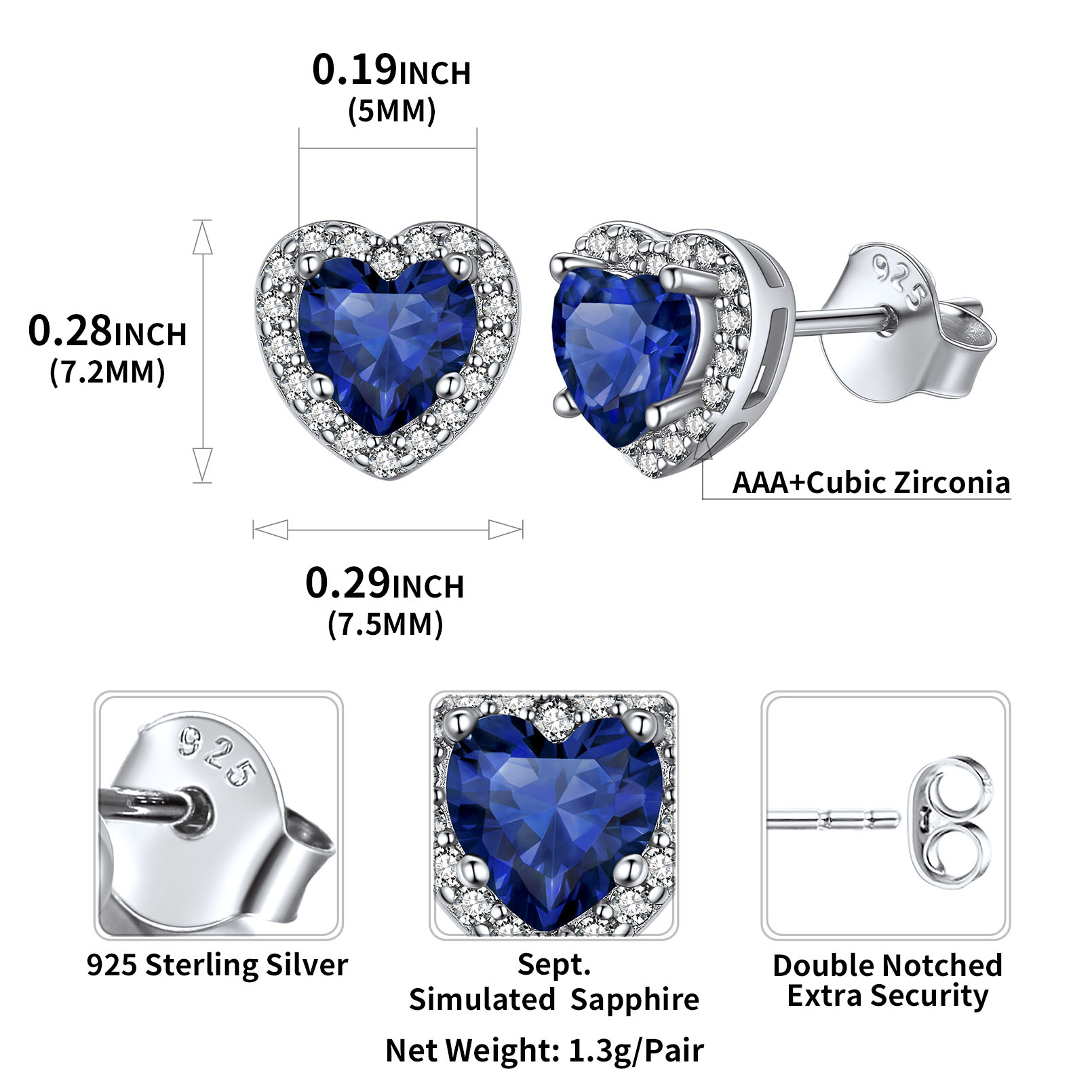 Heart Cut Birthstone with Cubic Zirconia Halo Stud Earrings for women, september birthstone, Sapphire Jewelry, Virgo Birthstone, Libra Birthstone, sterling silver jewlery, gift idea