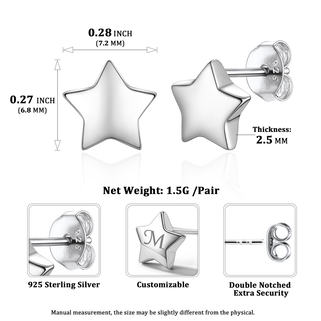 Star Stud Earrings Details: Dimensions, Hypoallergenic, Push Back Finding