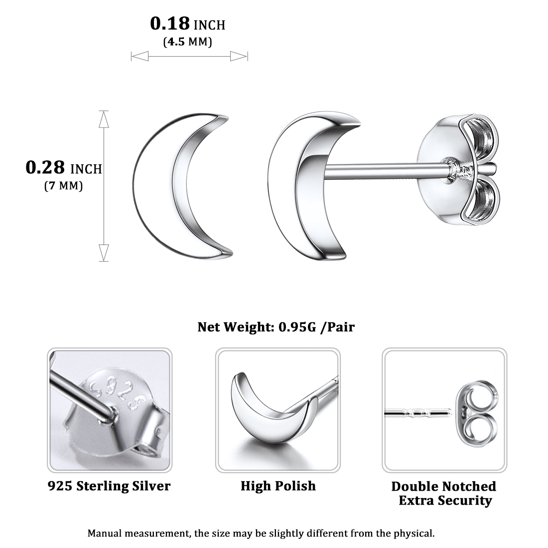 Sterling Silver ChicSilver Moon Studs Earrings Details: Dimensions, Hypoallergenic, Push Back Finding