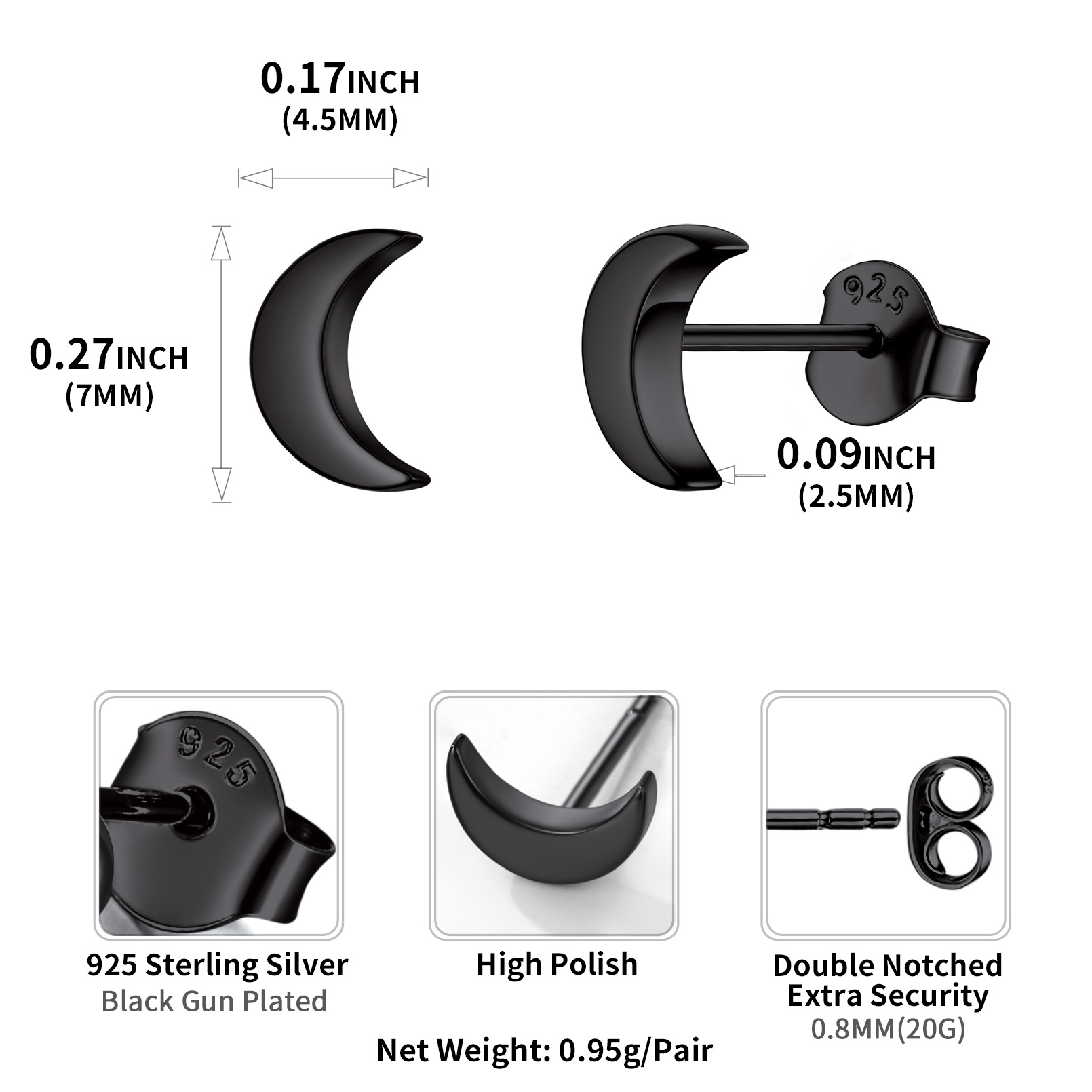 Sterling Silver ChicSilver Moon Studs Earrings Details: Dimensions, Hypoallergenic, Push Back Finding