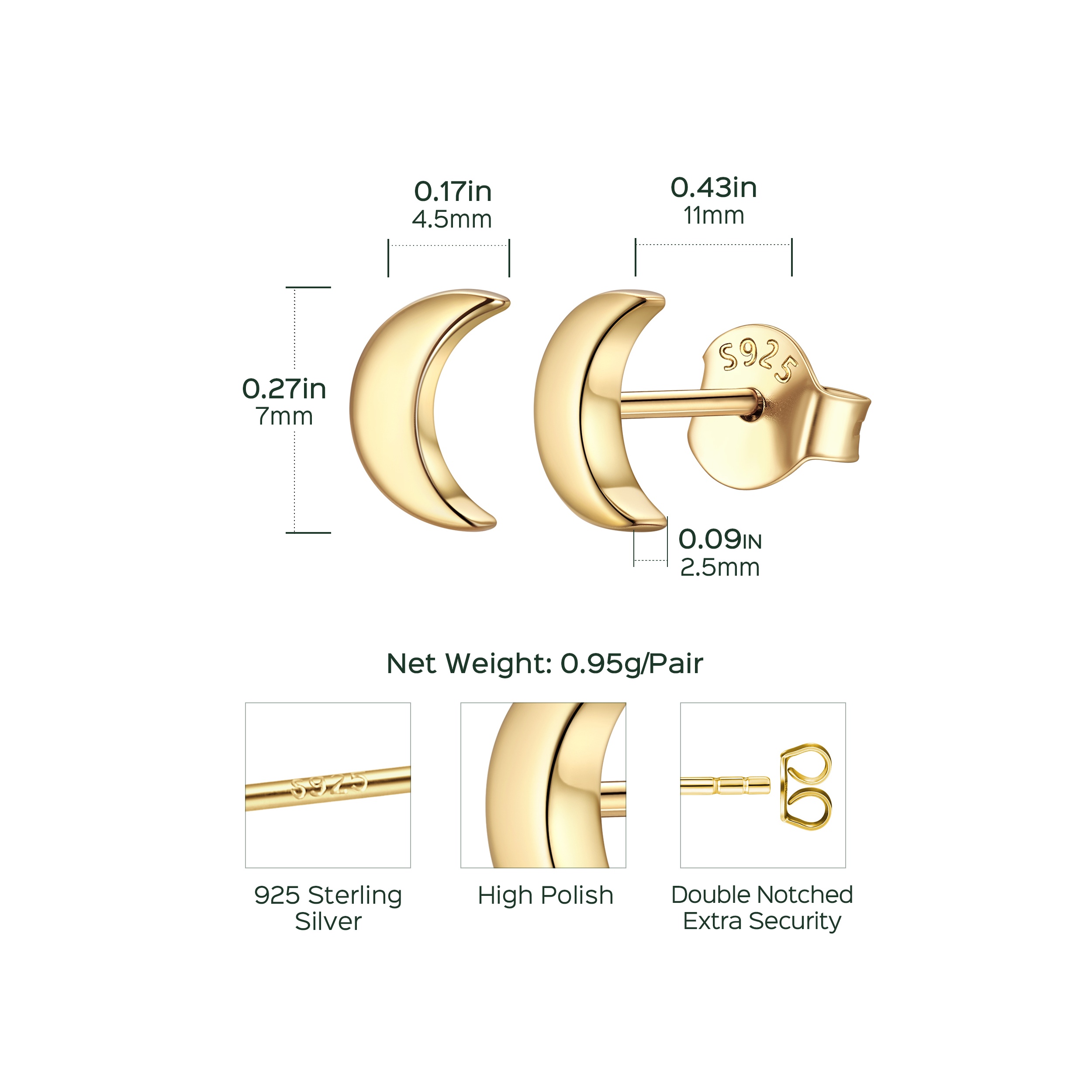Sterling Silver ChicSilver Moon Studs Earrings Details: Dimensions, Hypoallergenic, Push Back Finding