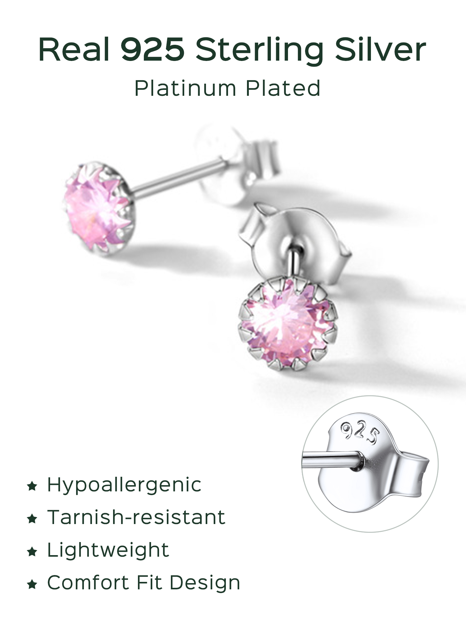 Round Cut Birthstone Stud Earrings for Ladies,  september birthstone, october birthstone, Pink Tourmaline Jewelry, Libra Birthstone, Scorpio Birthstone, sterling silver Jewelry, gift idea