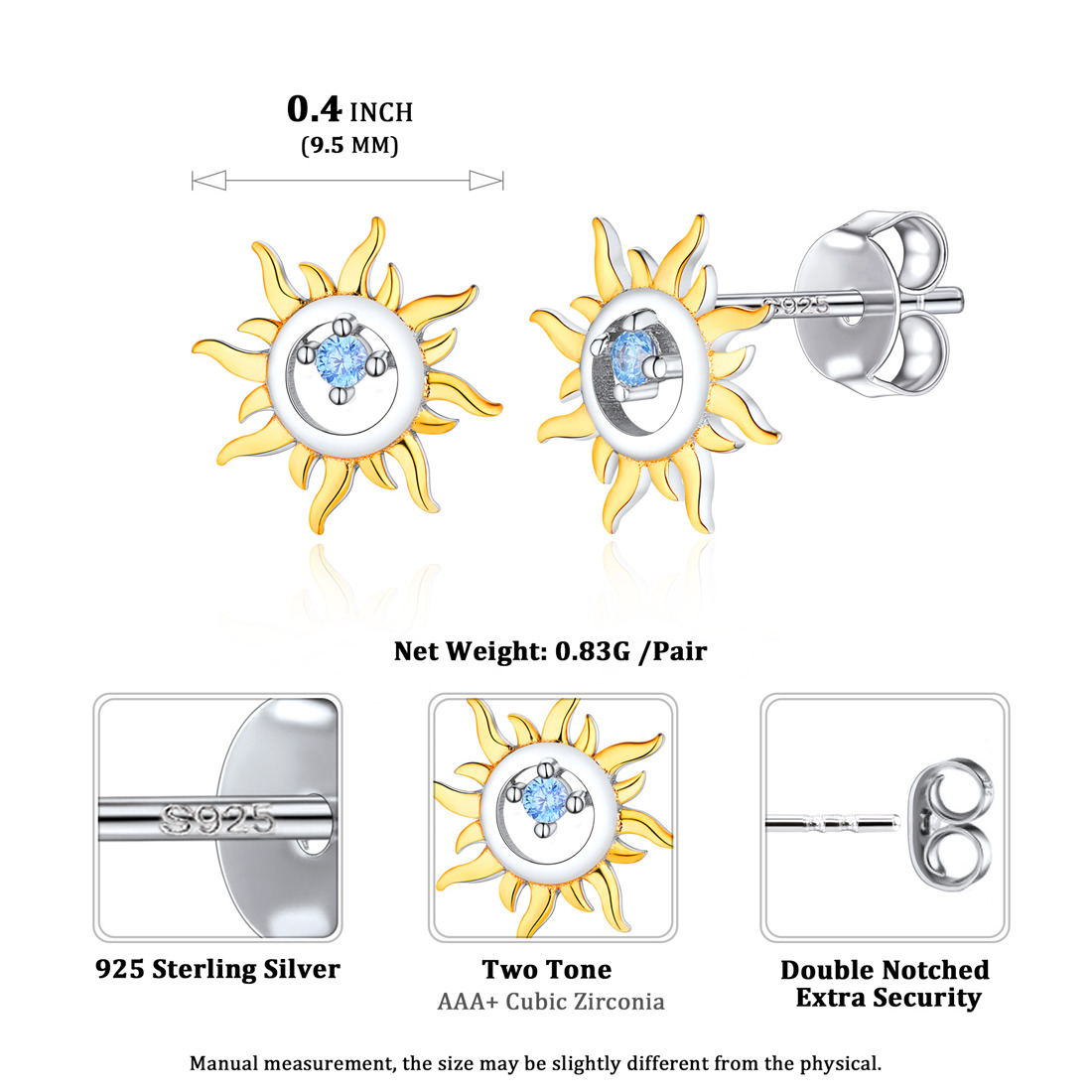 Sun Mini Cubic Zirconia Stud Earrings Details: Dimensions, Hypoallergenic, Push Back Finding.
