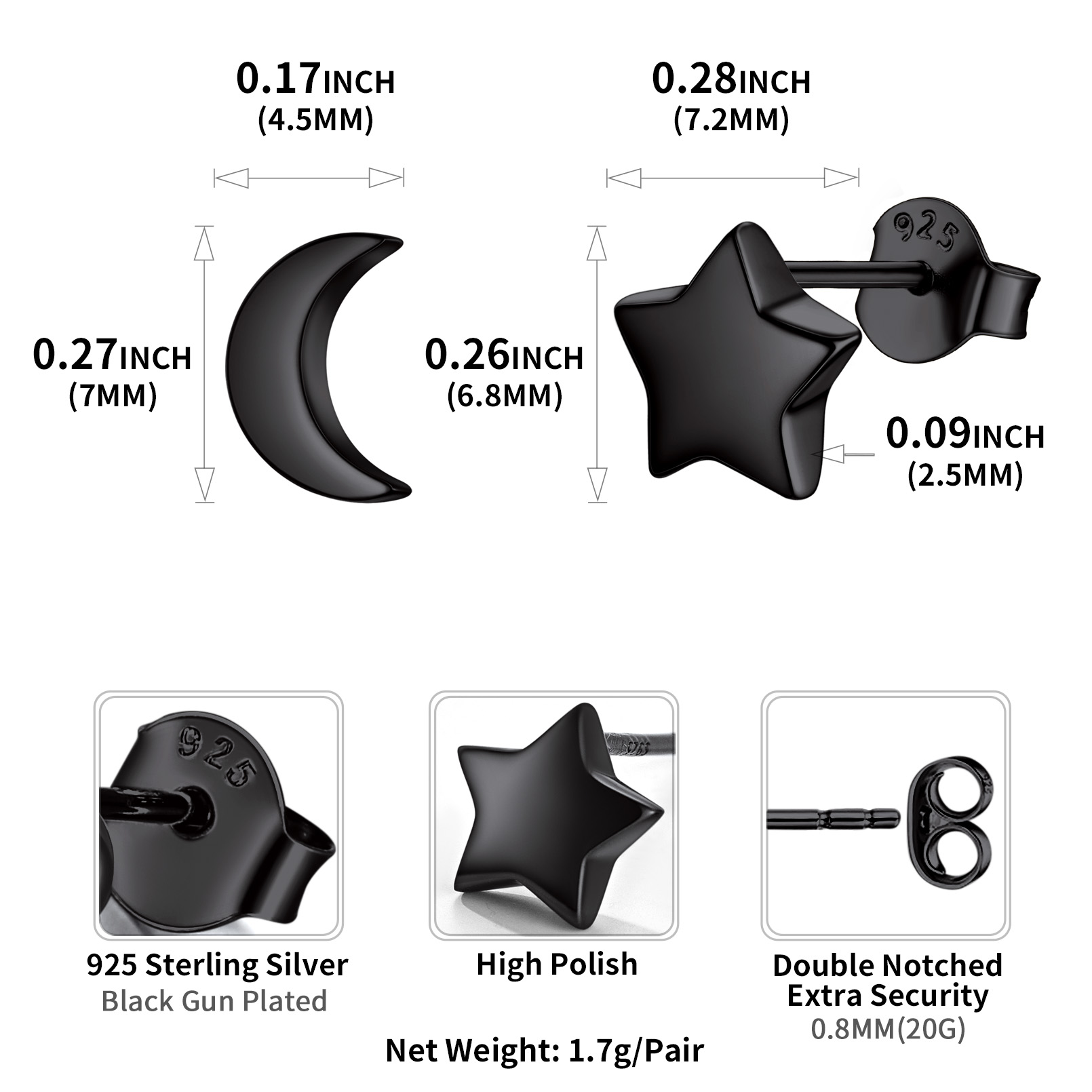 Moon and Star Stud Earrings Details: Dimensions, Hypoallergenic, Push Back Finding
