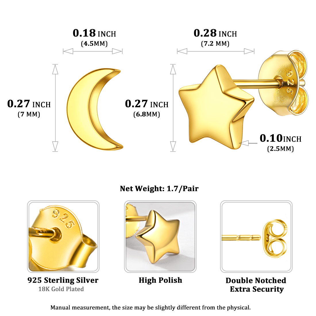 Moon and Star Stud Earrings Details: Dimensions, Hypoallergenic, Push Back Finding