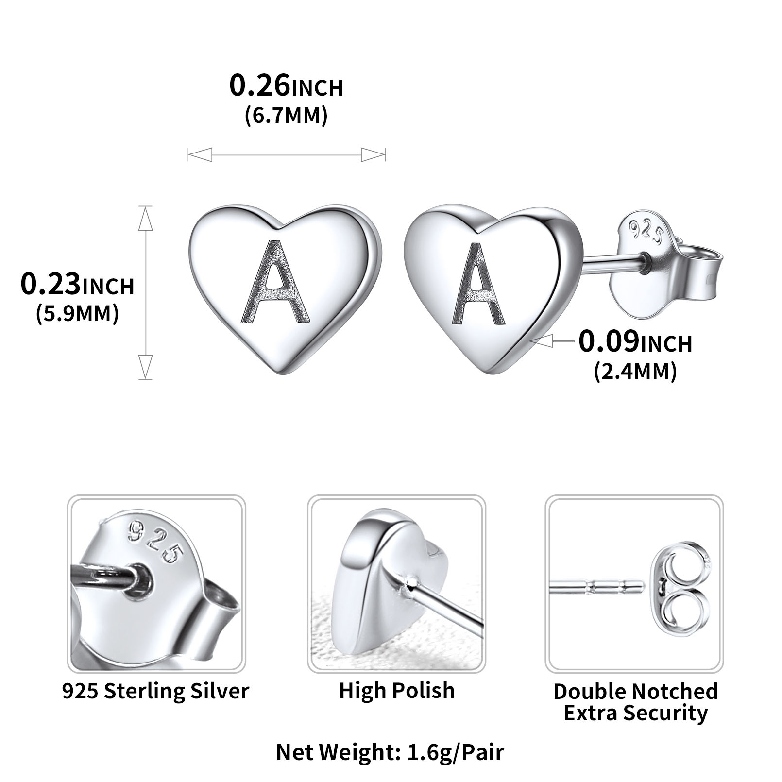 Heart Initial Stud Earrings for Women, sterling silver jewlery, sterling silver earrings, heart earrings
