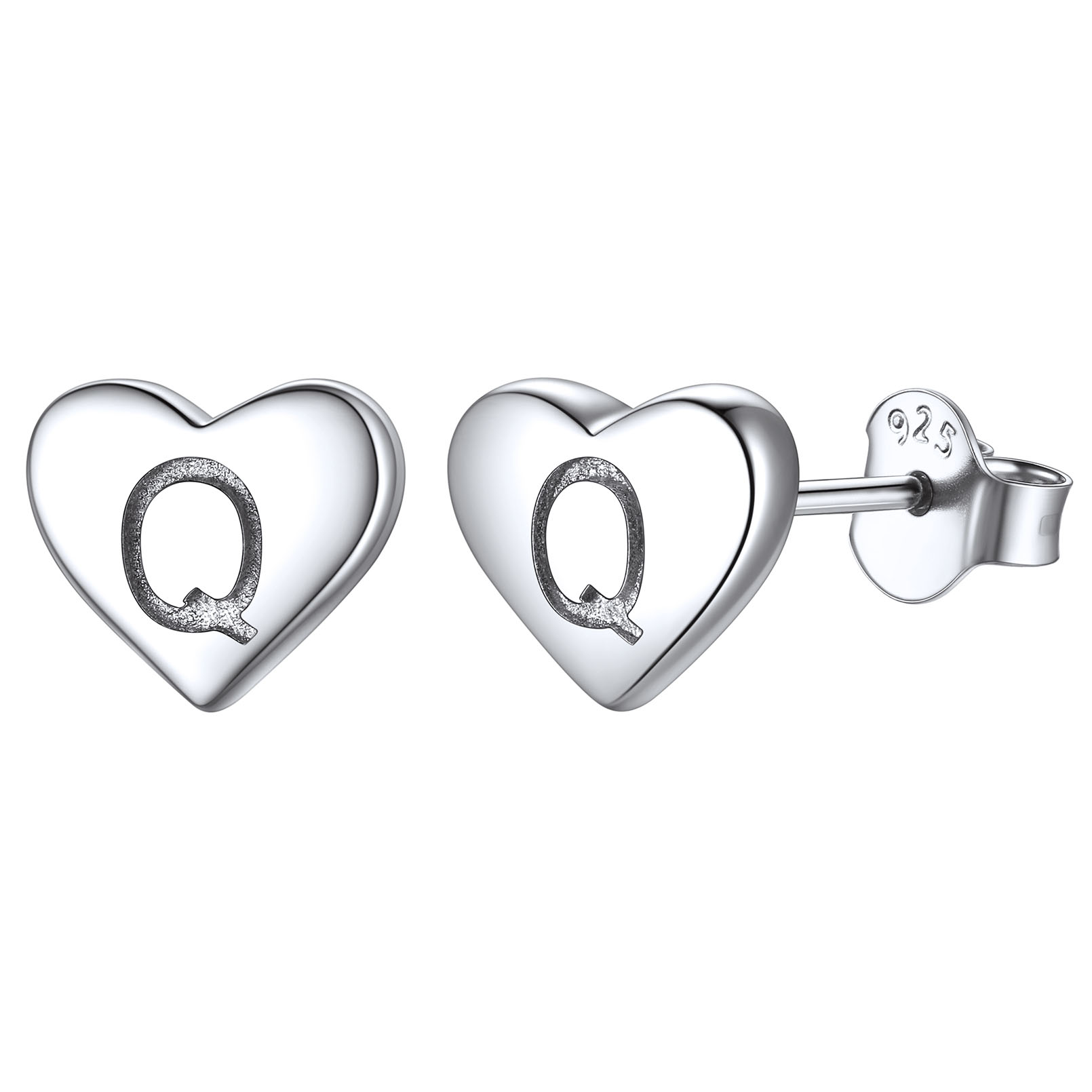 Q-Heart Initial Stud Earrings for Women, sterling silver jewlery, sterling silver earrings, heart earrings, gift idea, Initial Earrings