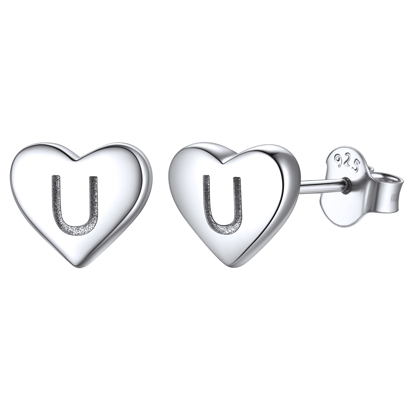 U-Heart Initial Stud Earrings for Women, sterling silver jewlery, sterling silver earrings, heart earrings, gift idea, Initial Earrings