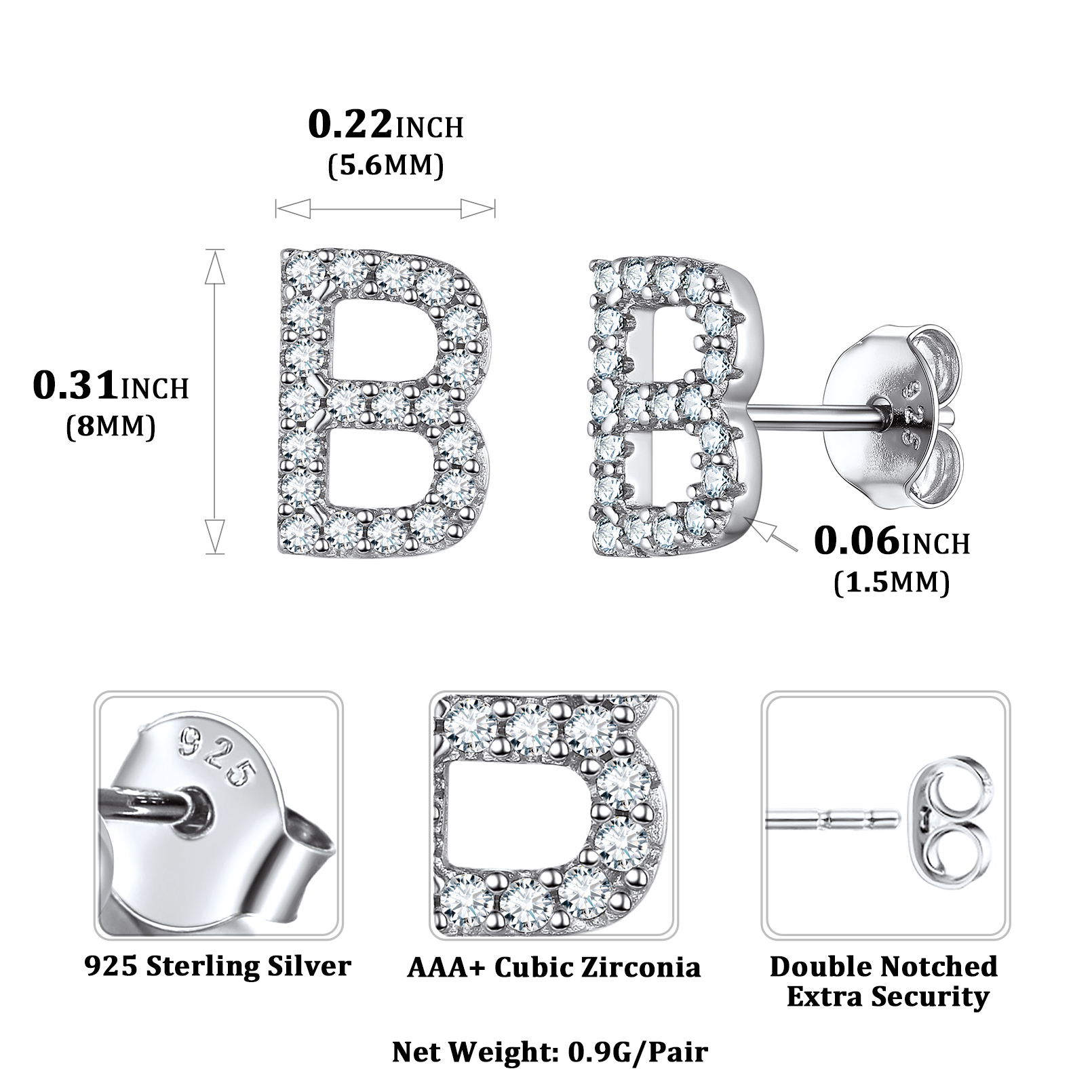 Sterling Silver ChicSilver Cubic Zirconia B Initial Stud Earrings Details: Dimensions, Hypoallergenic, Push Back Finding