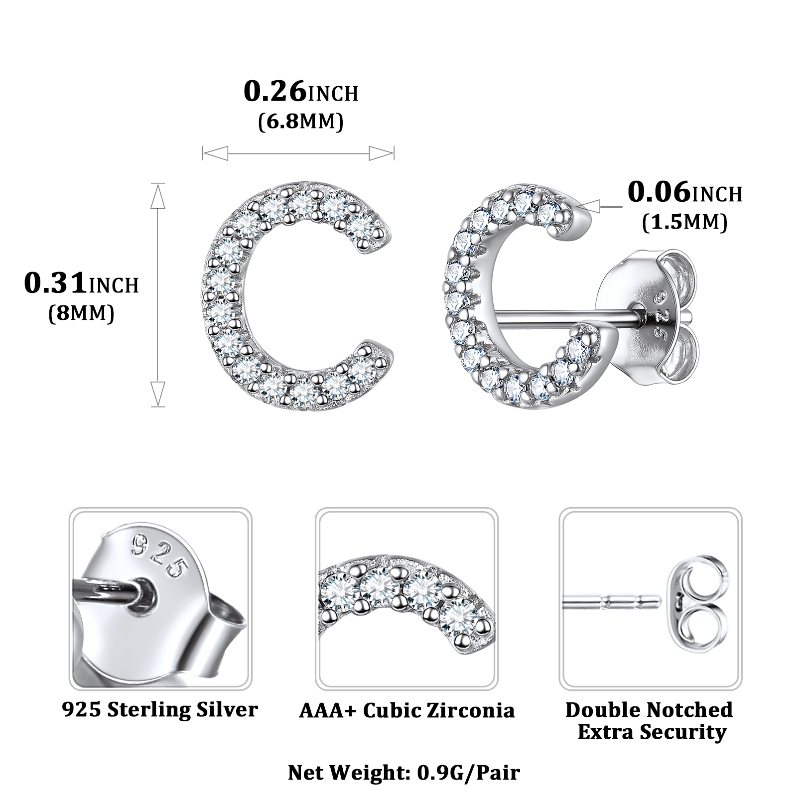 Sterling Silver ChicSilver Cubic Zirconia C Initial Stud Earrings Details: Dimensions, Hypoallergenic, Push Back Finding