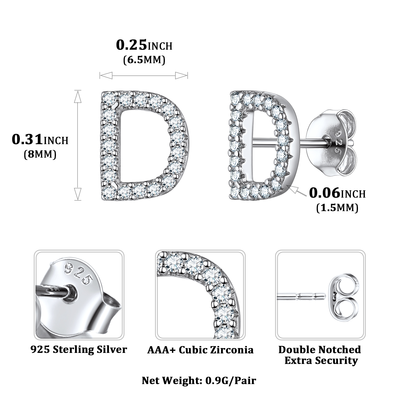 Sterling Silver ChicSilver Cubic Zirconia D Initial Stud Earrings Details: Dimensions, Hypoallergenic, Push Back Finding