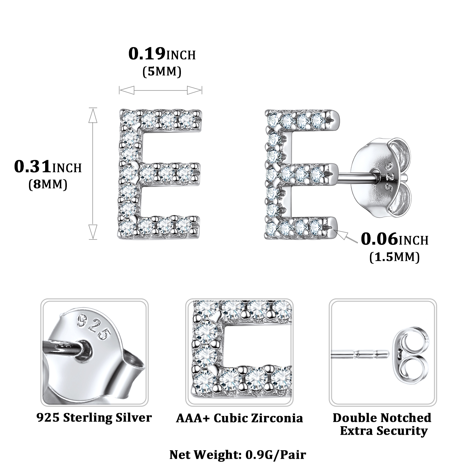 Sterling Silver ChicSilver Cubic Zirconia E Initial Stud Earrings Details: Dimensions, Hypoallergenic, Push Back Finding