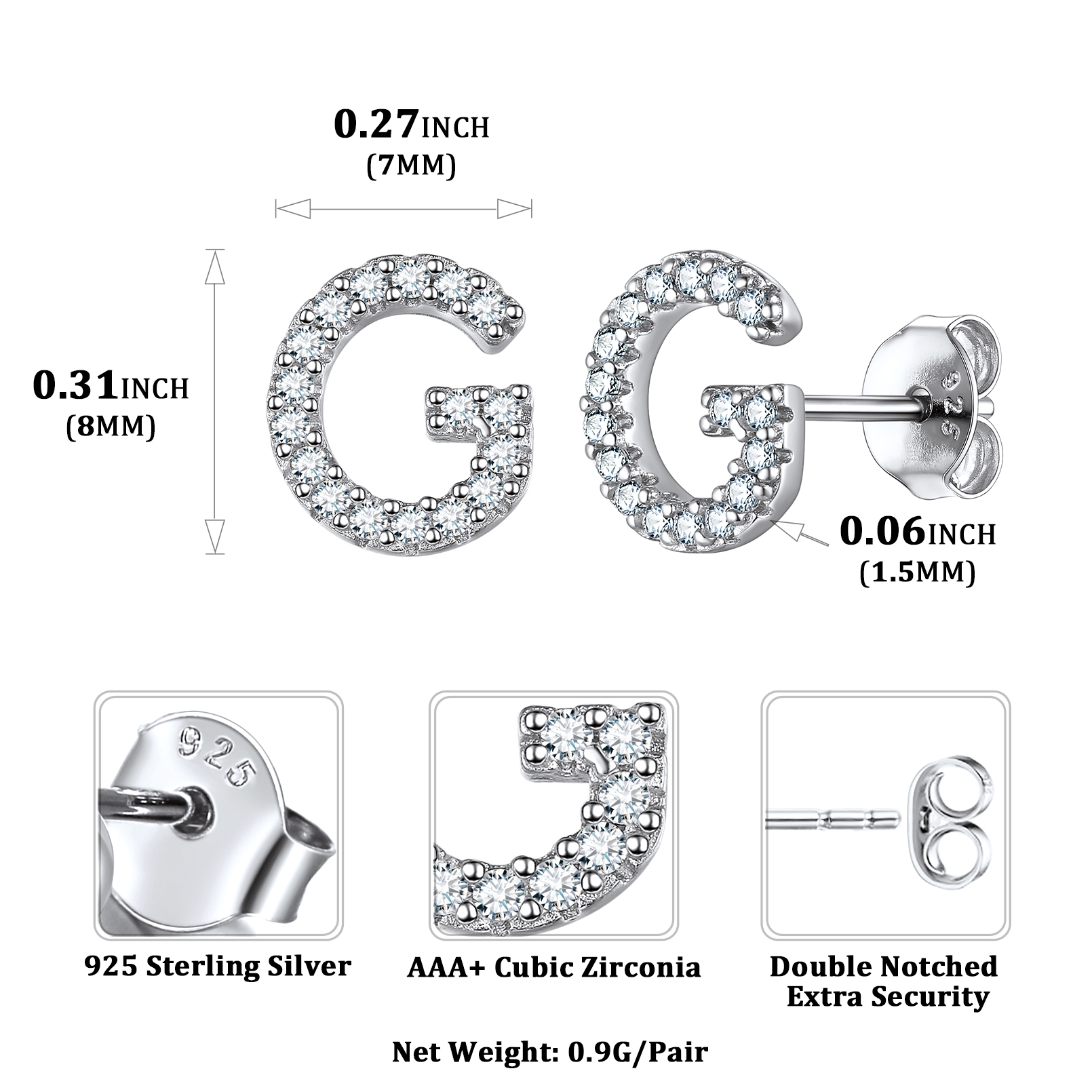 Sterling Silver ChicSilver Cubic Zirconia G Initial Stud Earrings Details: Dimensions, Hypoallergenic, Push Back Finding