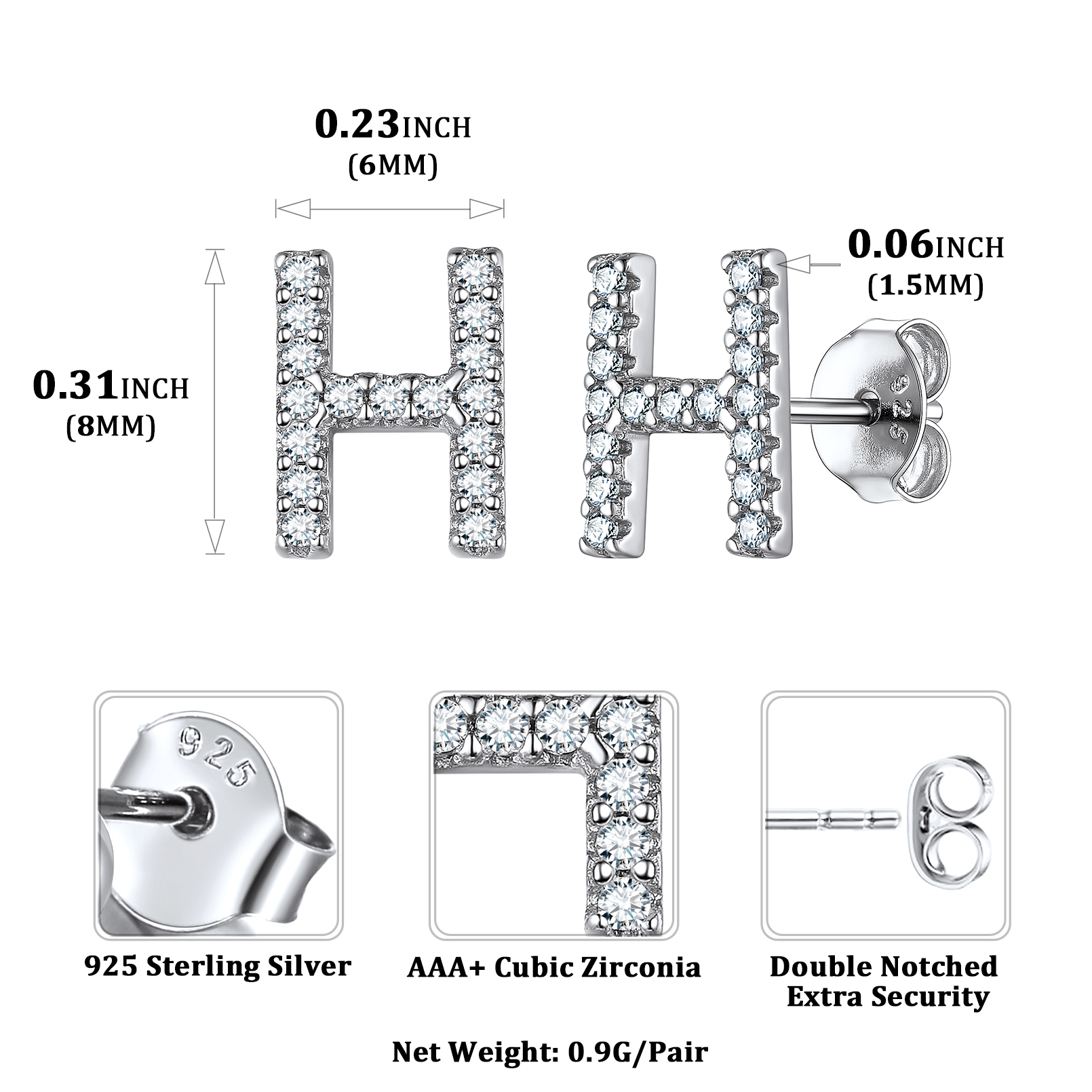Sterling Silver ChicSilver Cubic Zirconia H Initial Stud Earrings Details: Dimensions, Hypoallergenic, Push Back Finding