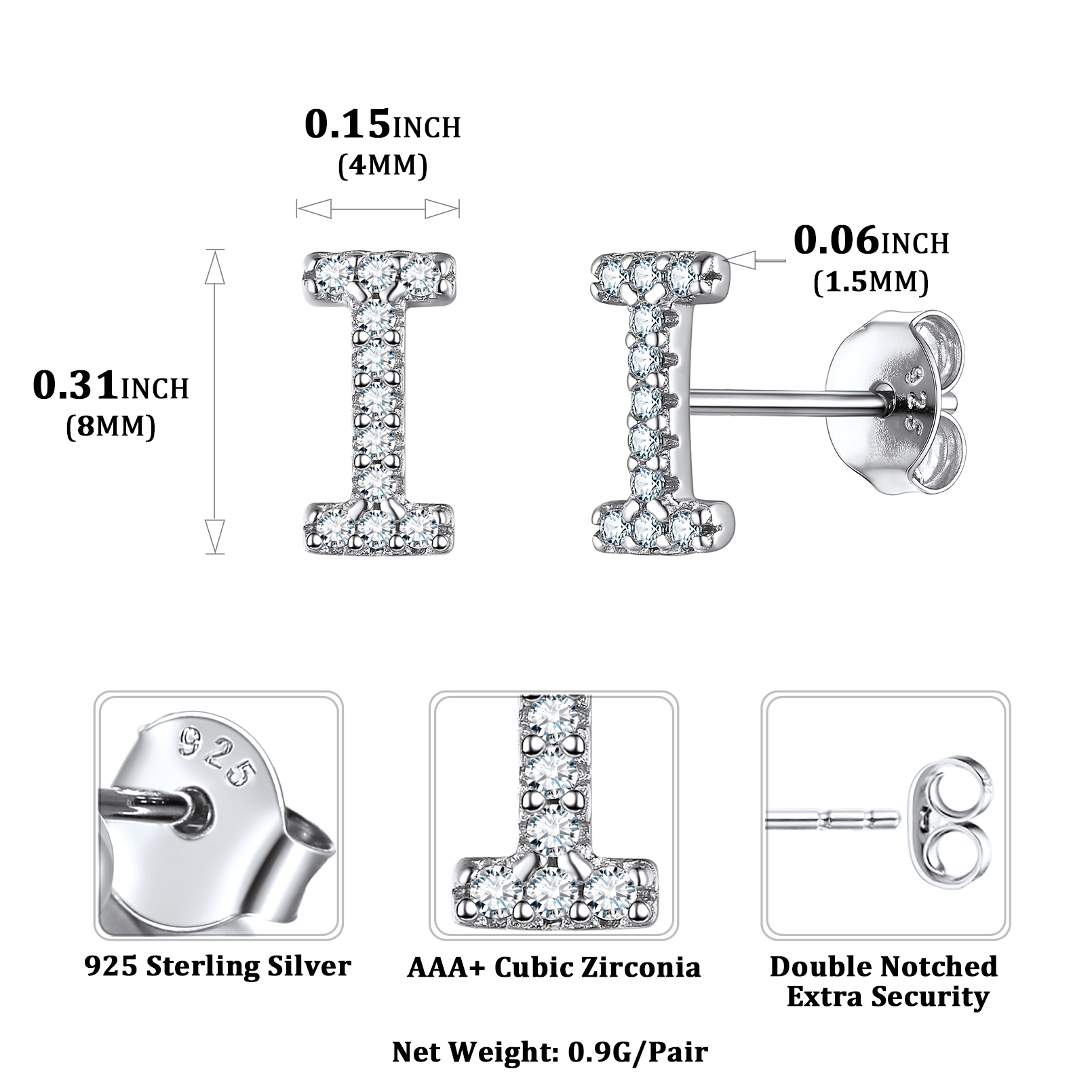 Sterling Silver ChicSilver Cubic Zirconia I Initial Stud Earrings Details: Dimensions, Hypoallergenic, Push Back Finding