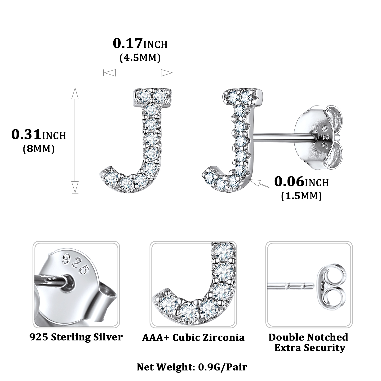 Sterling Silver ChicSilver Cubic Zirconia J Initial Stud Earrings Details: Dimensions, Hypoallergenic, Push Back Finding