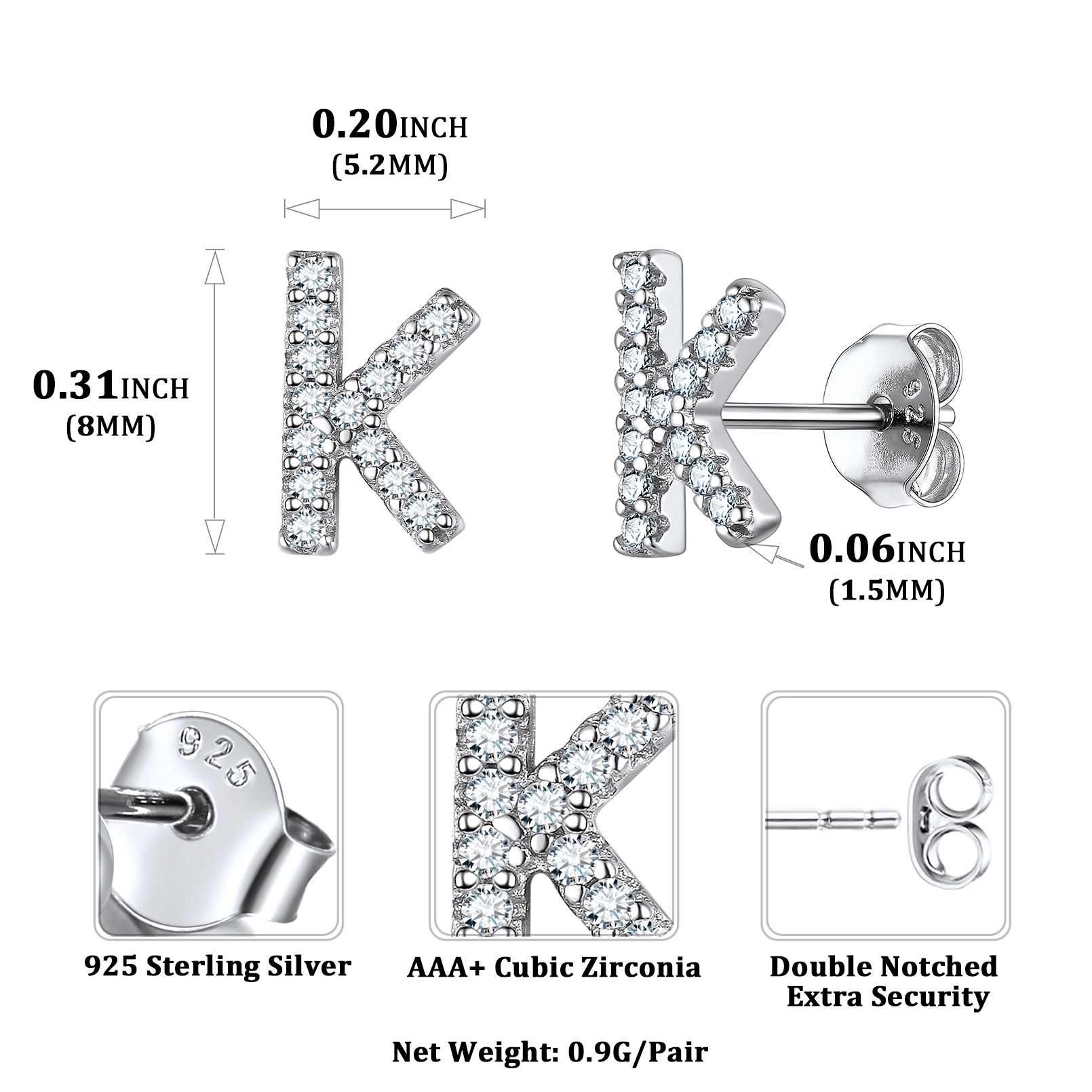 Sterling Silver ChicSilver Cubic Zirconia K Initial Stud Earrings Details: Dimensions, Hypoallergenic, Push Back Finding