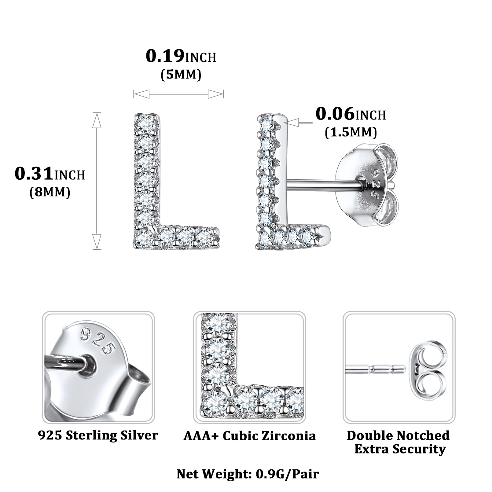 Sterling Silver ChicSilver Cubic Zirconia L Initial Stud Earrings Details: Dimensions, Hypoallergenic, Push Back Finding