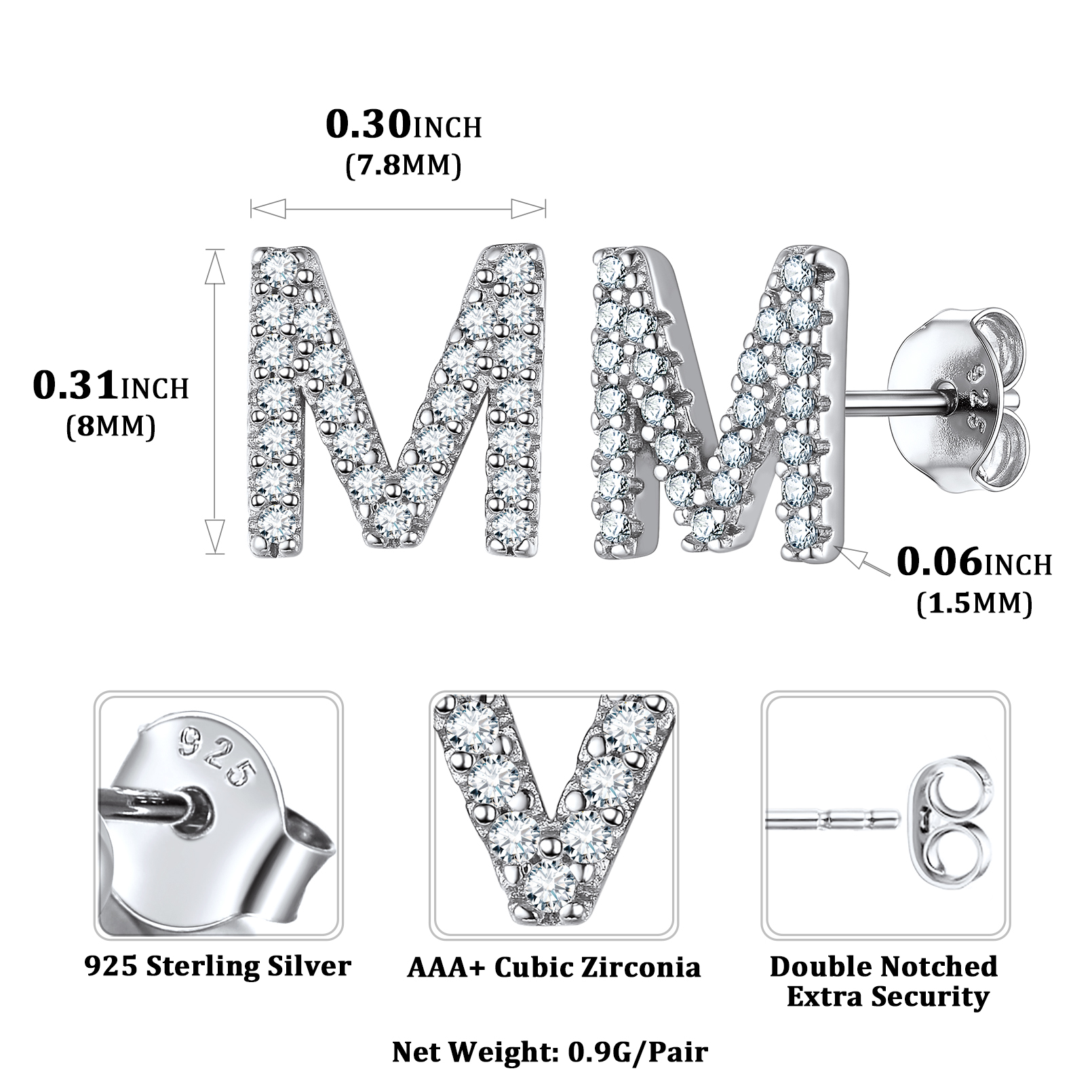 Sterling Silver ChicSilver Cubic Zirconia M Initial Stud Earrings Details: Dimensions, Hypoallergenic, Push Back Finding