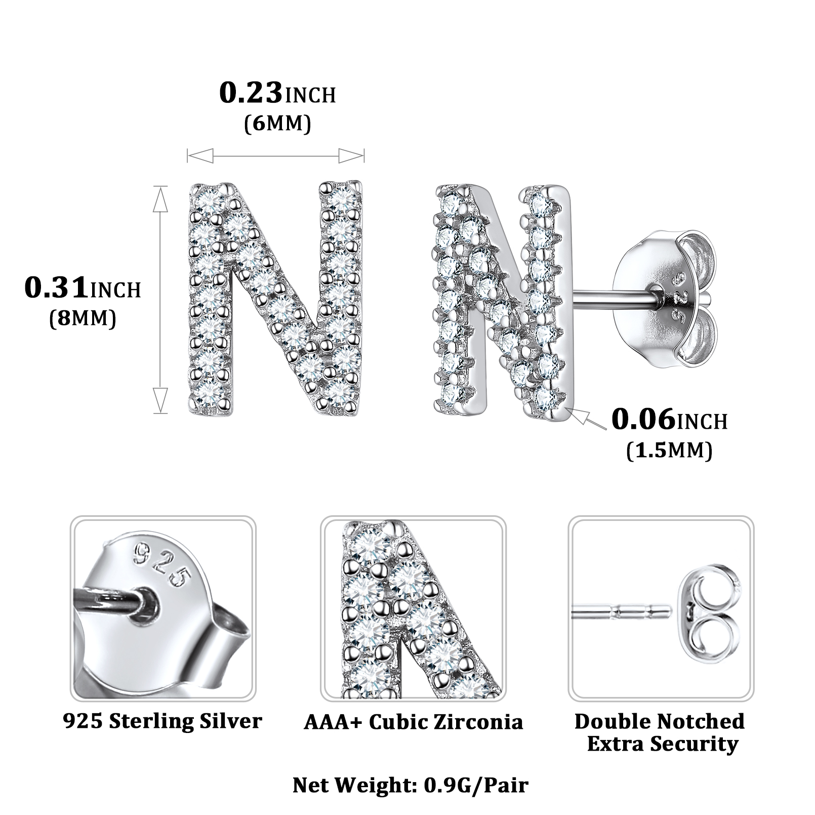 Sterling Silver ChicSilver Cubic Zirconia N Initial Stud Earrings Details: Dimensions, Hypoallergenic, Push Back Finding