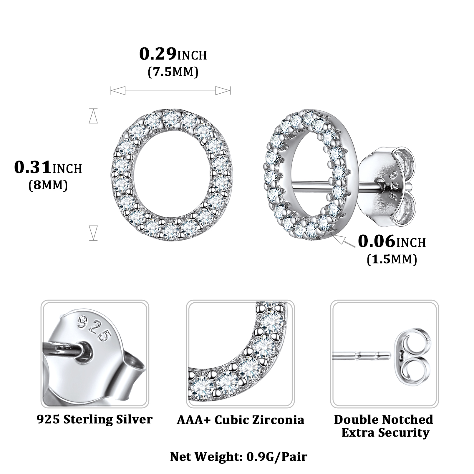 Sterling Silver ChicSilver Cubic Zirconia O Initial Stud Earrings Details: Dimensions, Hypoallergenic, Push Back Finding