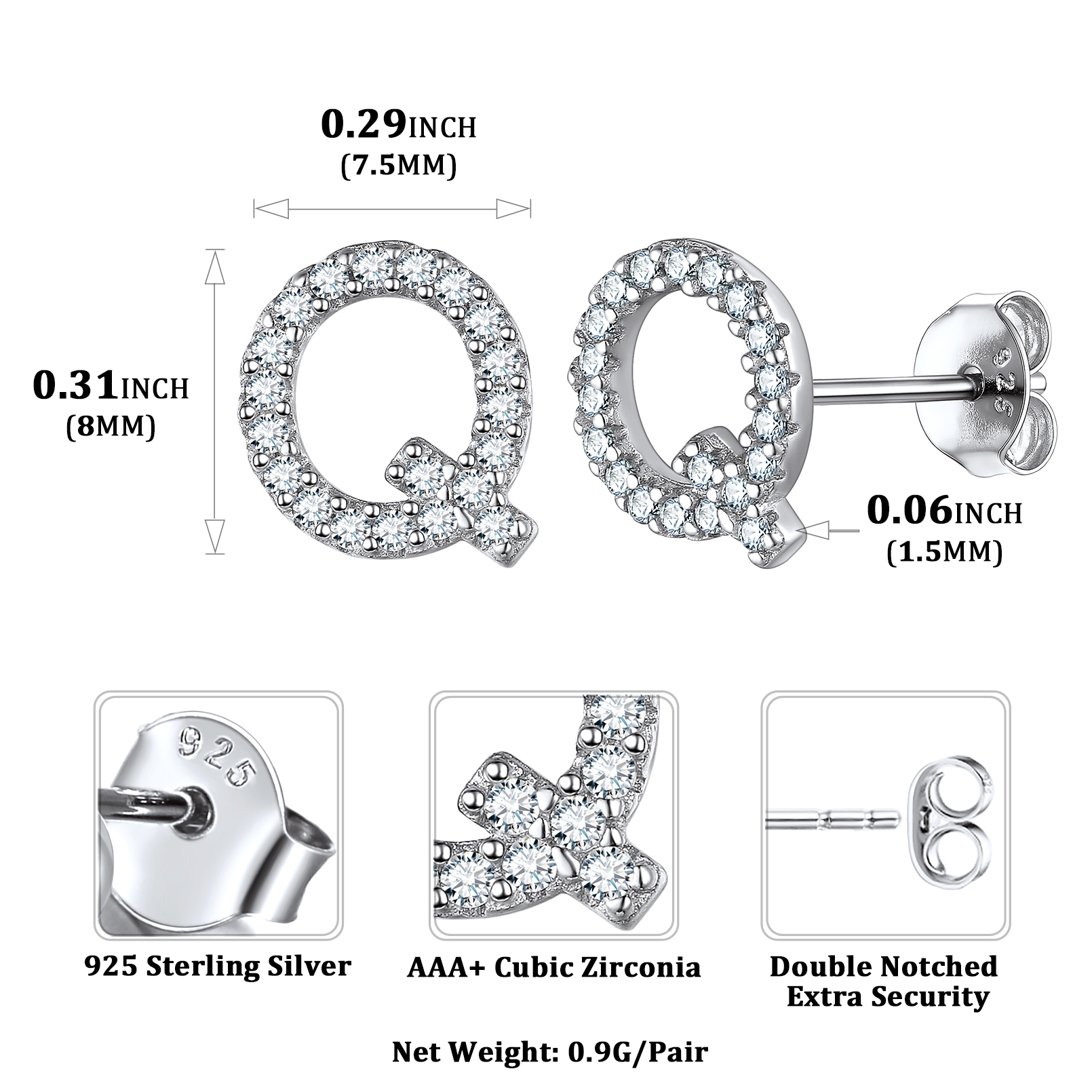 Sterling Silver ChicSilver Cubic Zirconia Q Initial Stud Earrings Details: Dimensions, Hypoallergenic, Push Back Finding