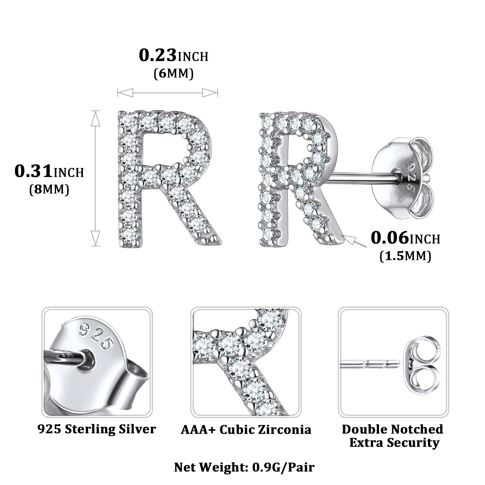 Sterling Silver ChicSilver Cubic Zirconia R Initial Stud Earrings Details: Dimensions, Hypoallergenic, Push Back Finding
