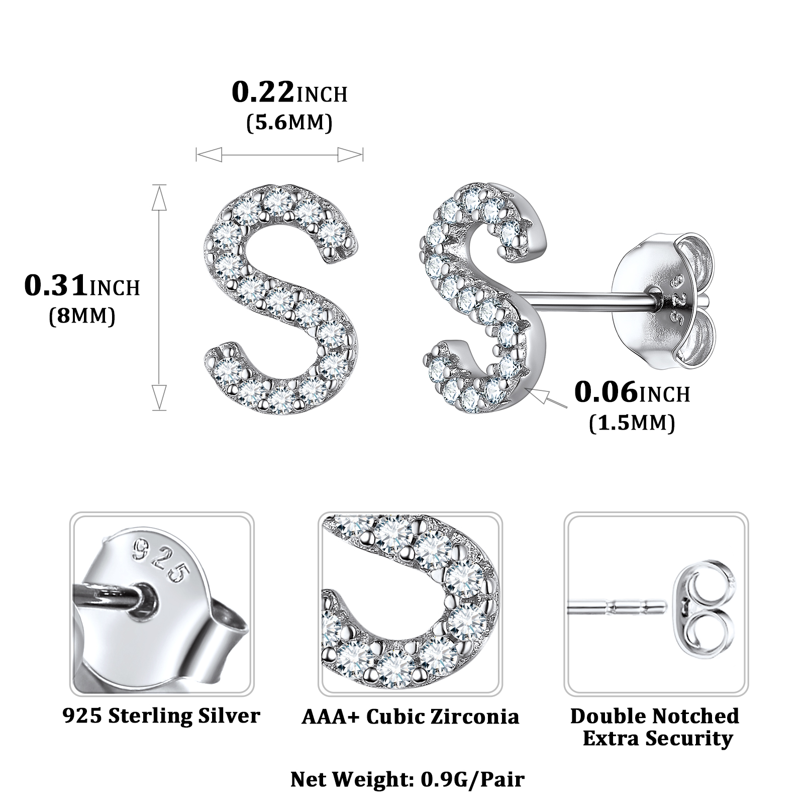 Sterling Silver ChicSilver Cubic Zirconia S Initial Stud Earrings Details: Dimensions, Hypoallergenic, Push Back Finding