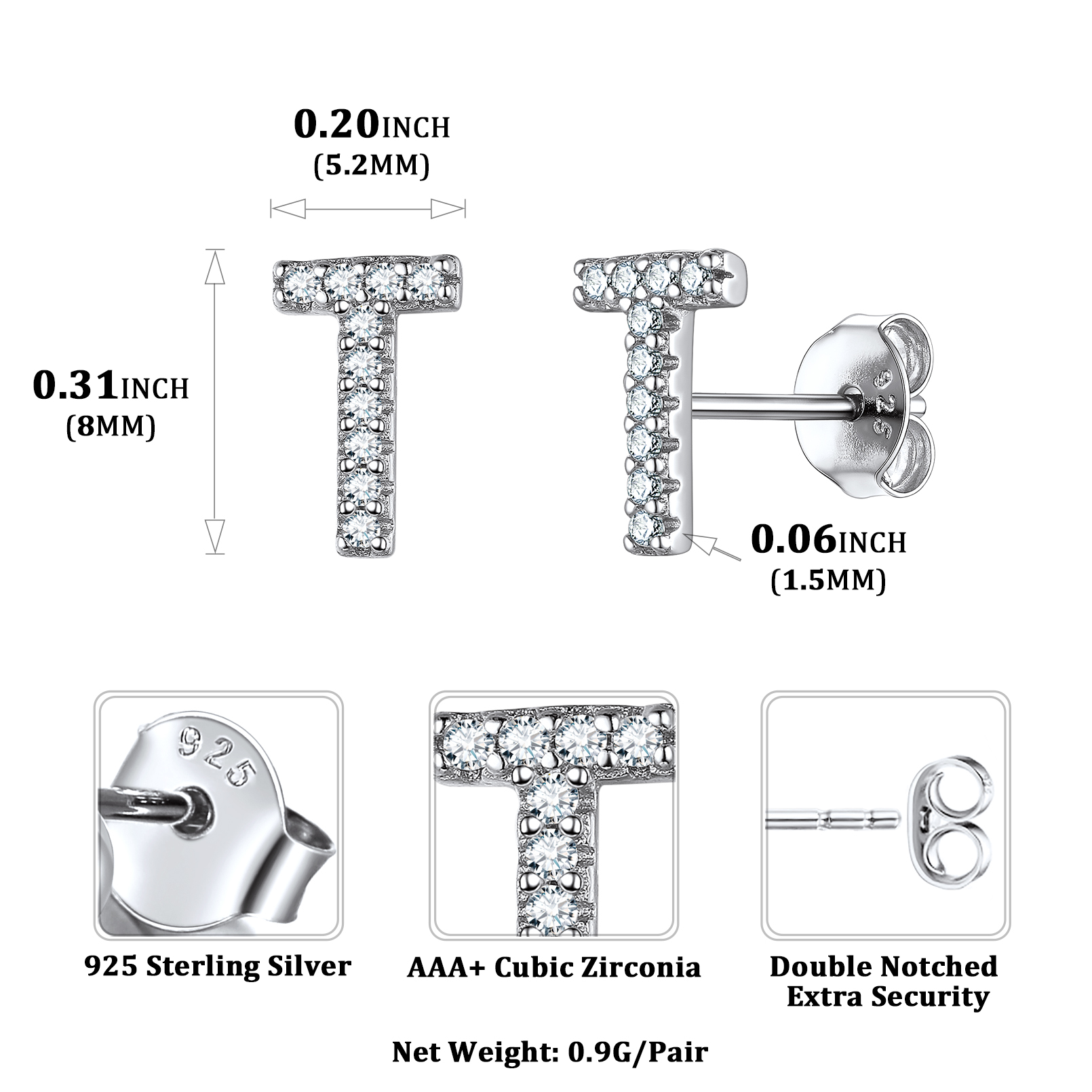 Sterling Silver ChicSilver Cubic Zirconia T Initial Stud Earrings Details: Dimensions, Hypoallergenic, Push Back Finding