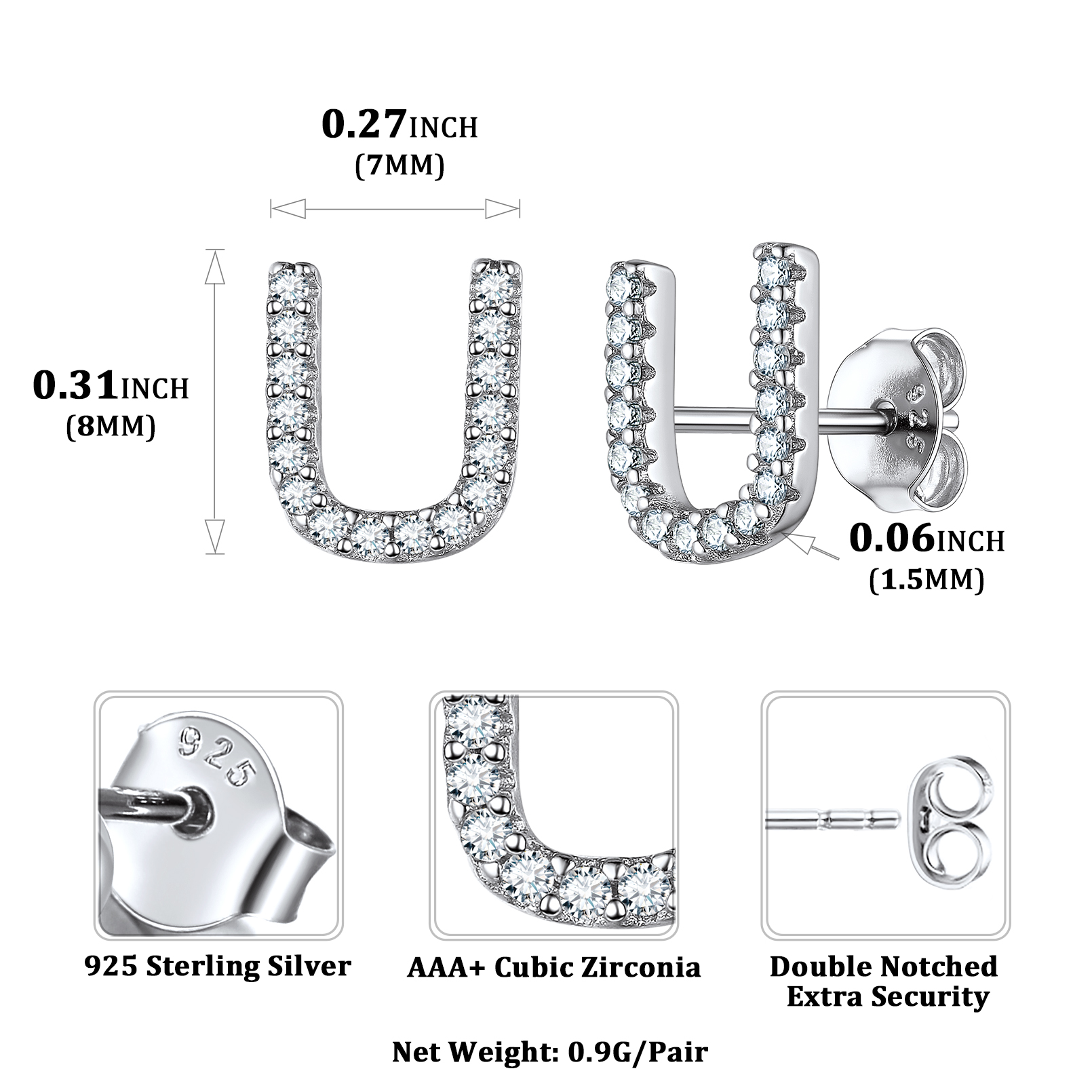 Sterling Silver ChicSilver Cubic Zirconia U Initial Stud Earrings Details: Dimensions, Hypoallergenic, Push Back Finding