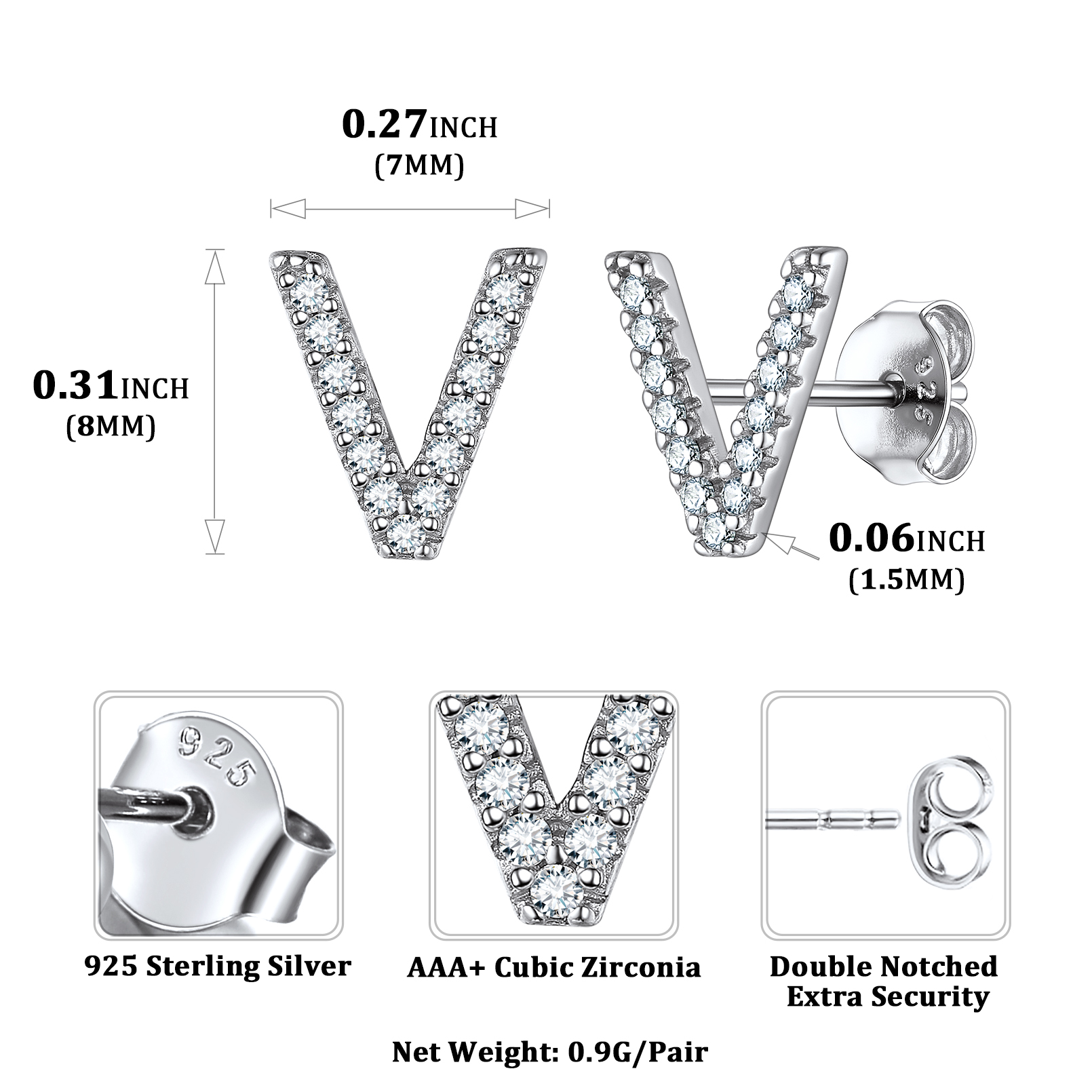 Sterling Silver ChicSilver Cubic Zirconia V Initial Stud Earrings Details: Dimensions, Hypoallergenic, Push Back Finding