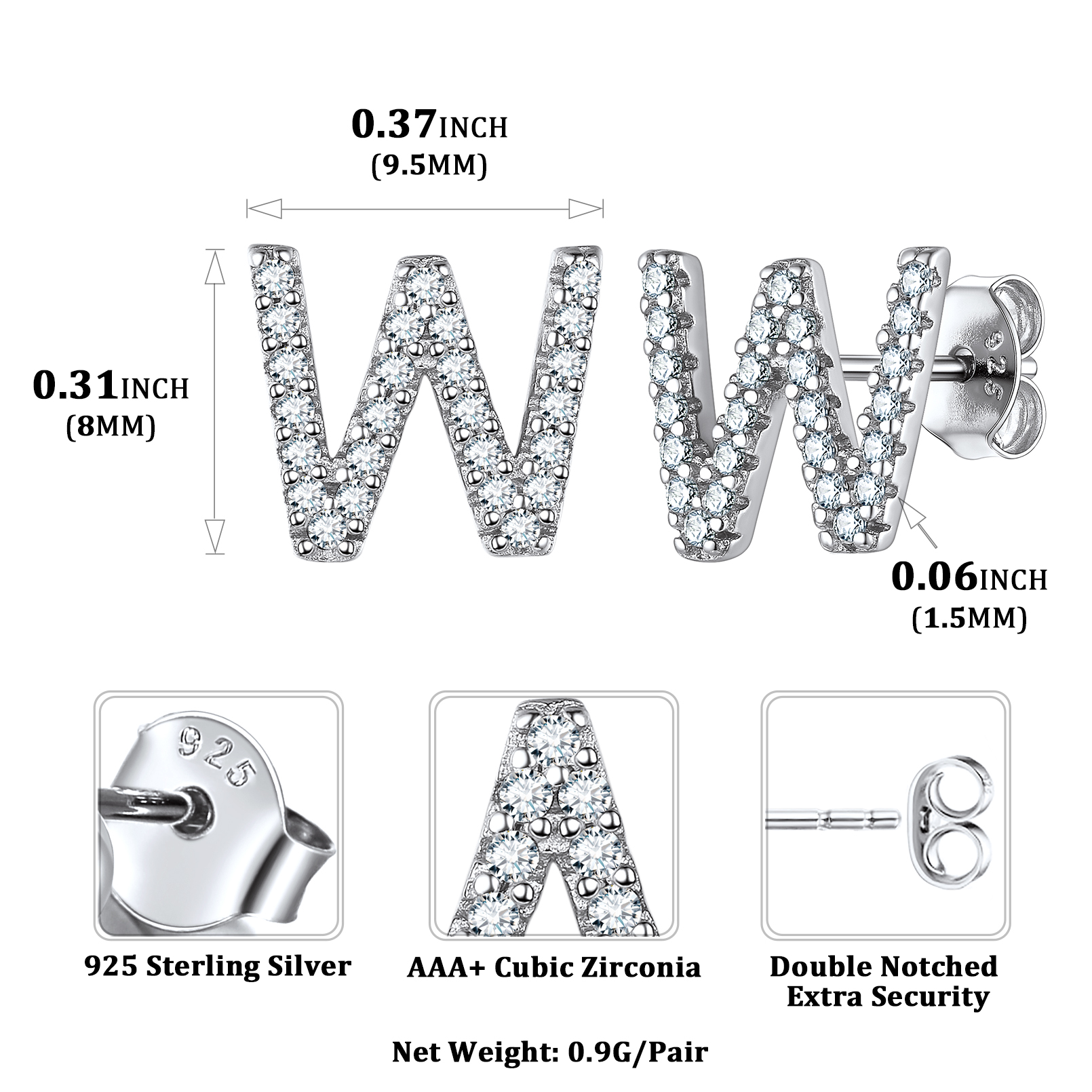 Sterling Silver ChicSilver Cubic Zirconia W Initial Stud Earrings Details: Dimensions, Hypoallergenic, Push Back Finding